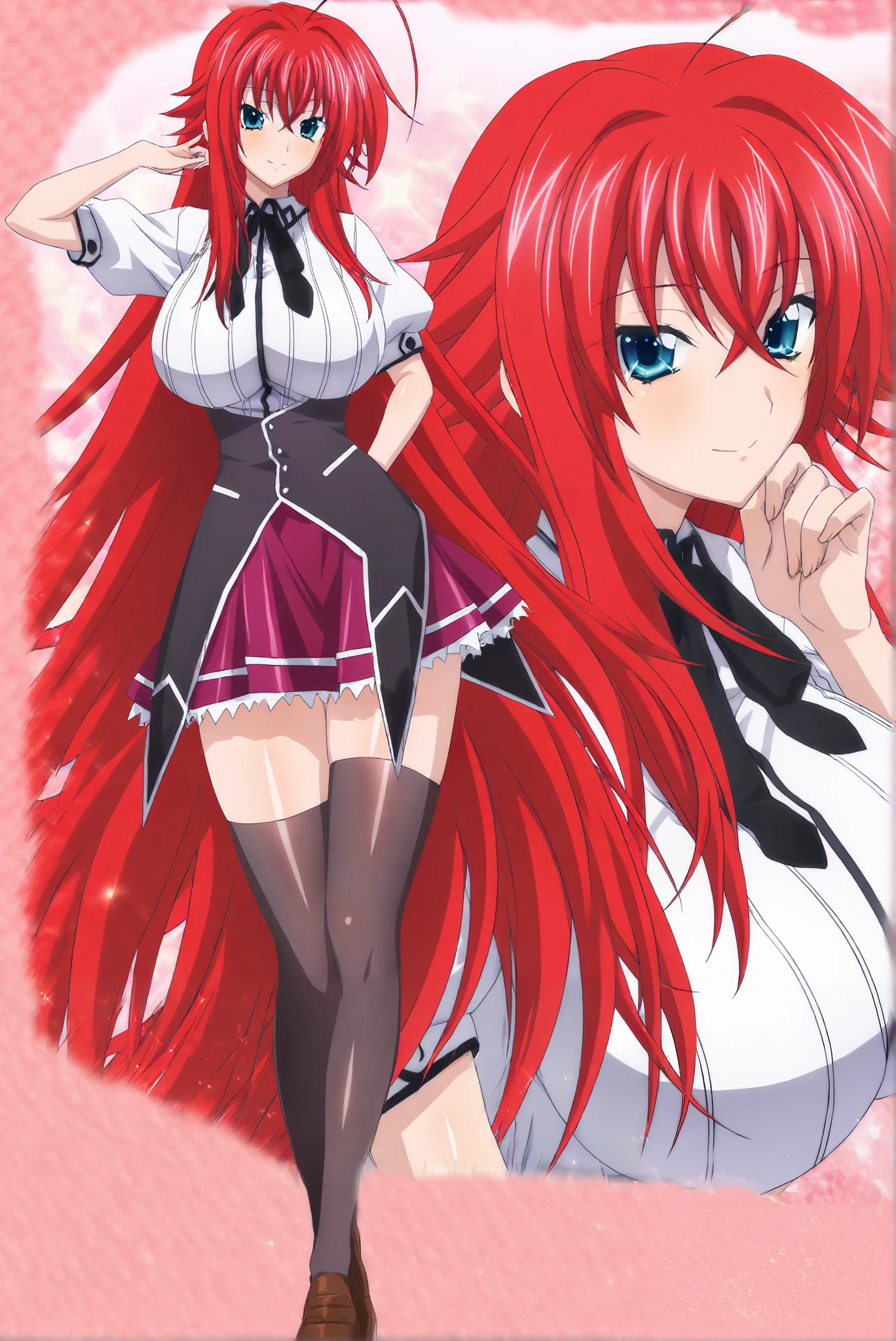 masterpiece, best quality, amazing quality, very aesthetic, absurdres, newest, scenery, best quality, anime screencap, anime colored, (detailed eyes:1.2), ri4as-dxd, rias, red hair, huge ahoge,very long hair,blue eyes, deep ocean blue eyes, crossed bangs, huge breasts, shirt, white shirt, skirt, black thighhighs, zettai ryouiki, puffy sleeves, white background, looking at viewer, smile, face, ID photo, face and body straight at the camera