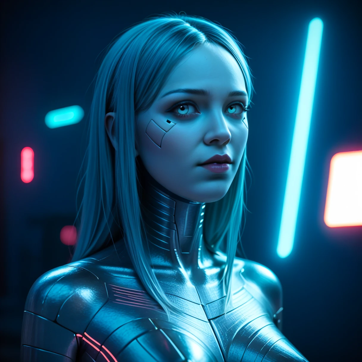 A girl with metallic hair, metallic skin, and a metallic spirit, (best quality,4k,8k,highres,masterpiece:1.2),ultra-detailed,(realistic,photorealistic,photo-realistic:1.37),1girl,detailed metal skin,internal metal,metallic hair,metal drops on skin,sci-fi,digital art,cyberpunk,dramatic lighting,neon colors