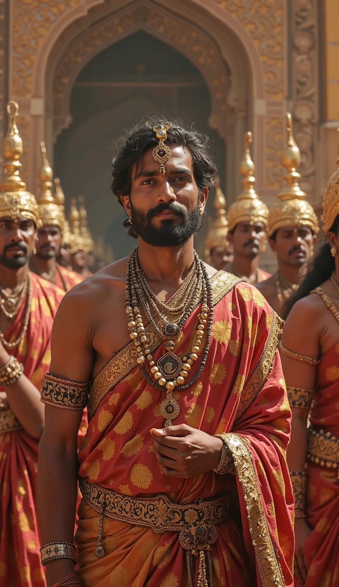 One bramhina pandit aged between 20-30 ,he is with good body and good beard  met a king on his kingdom ,that king weared golden ornaments on his body