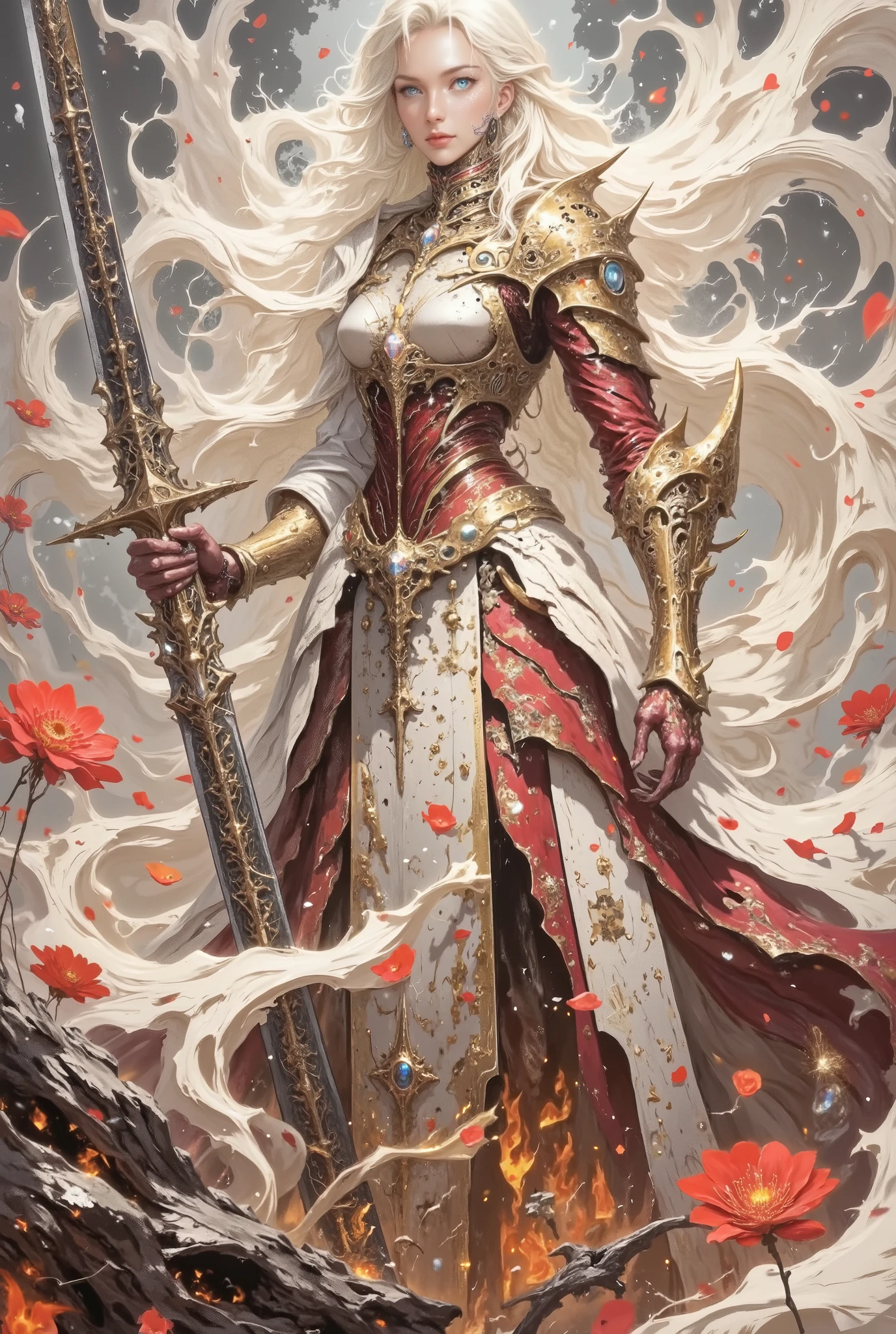 MaleniaNorm's intense and thrilling scene , Legendary female warrior, maximizing realistic rendering . A woman with a perfect figure, she stands confidently , Her perfect figure wears elaborate gold and crimson armor, covered with elegant , thorn-like pattern , long hair flying ,Firm eyes. In her right hand, ,Waving a huge , A samurai sword engraved with runes , The background is a battlefield full of war . The scarlet flowers spin around her , floats in the air like ghostly petals , add an unforgettable sense of beauty to the scene . The background is a battlefield full of war , shrouded in blood-red flowers and a mist of fiery embers , with fallen warriors scattered around . The atmosphere is full of fear and elegance , captured Malenia's deadly grace and the indomitable strength of one of her most powerful enemies. ( Ultra HD QUALITY AND RENDERING :3), Maximizing image detail , realistic side lighting , ((( Surrealist style))), realistic soft lighting , , 8k HD, She is holding an iconic prosthetic , (Stunning special effects:3.5)