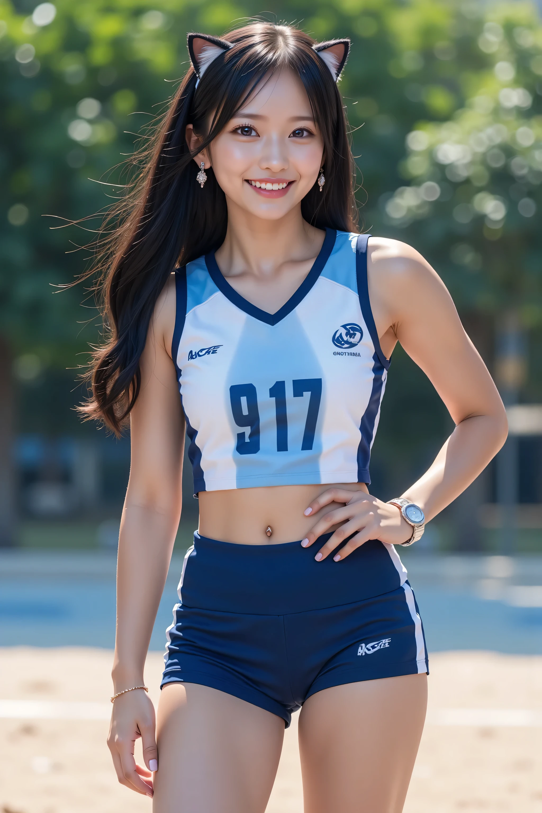 highest quality, 8k, masterpiece, ultra-high definition, clear photo, professional lighting, natural light, realistic, curvy woman, perfect anatomy, single female, idol-class, :1.8, captivating, long black hair, stunning hair, smiling, squinting with laughter:1.4, showing white teeth in smile, volleyball player, wearing lightweight volleyball uniform with fluorescent blue and white highlights, perfect and realistic pantyhose:1.2, glossy pantyhose:1.3, uniform featuring company logo, high heels, full body shot:1.4