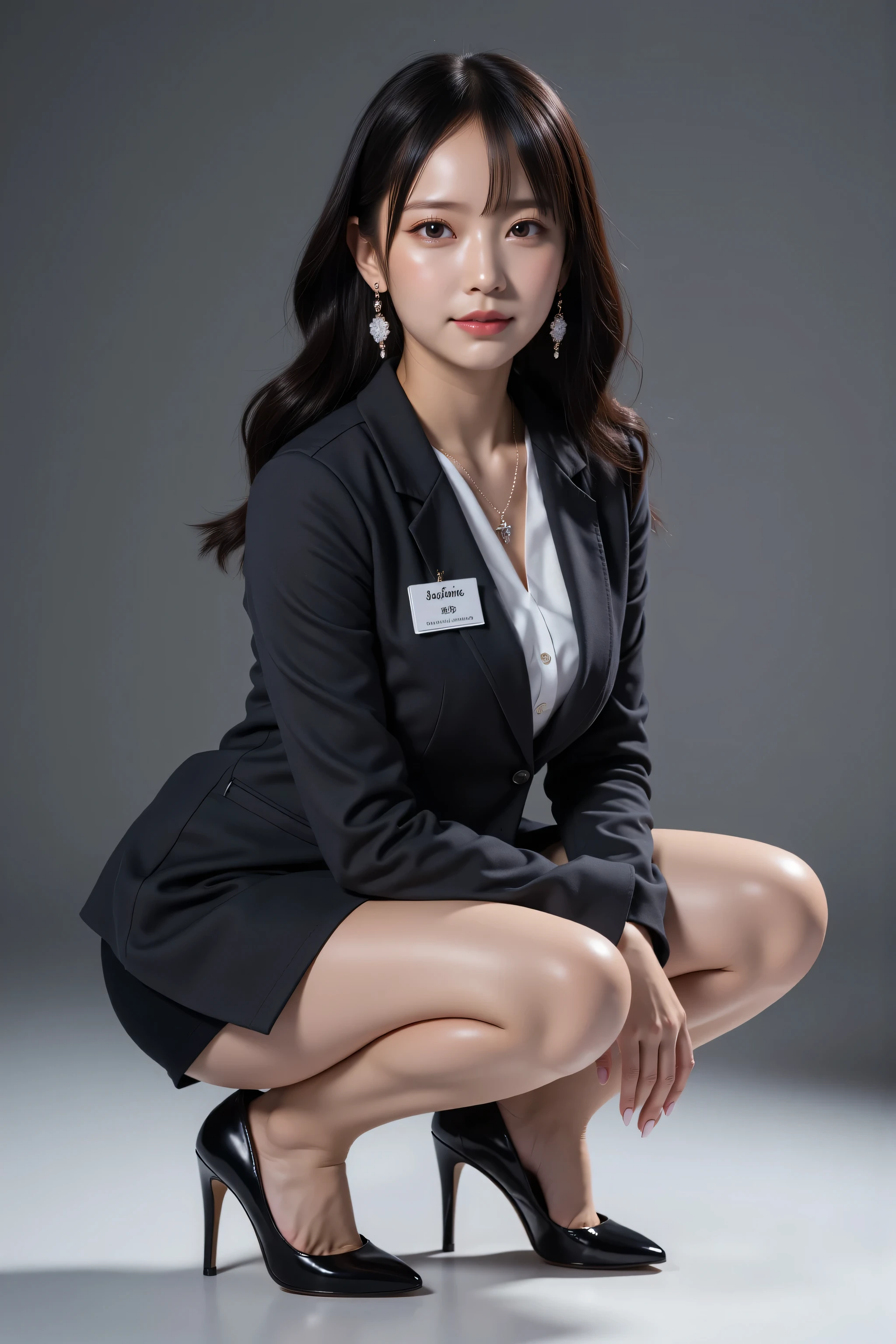 A TOP QUALITY, long dark hairのスタイリッシュな , professional office lady with long dark hair, in a dynamic squat pose. TOP QUALITY, fine details of eyes and skin, studio lighting , 30 years old, Japanese, dark eyes, long dark hair, refined , Moderate bust , plump lips, earrings, necklace, Charcoal Tight Suit , white blouse, miniskirt, high heels, Name tag, Long Sleeve, slight motion blur , squat , slight motion blur , for faces with , Composed, Concentrated, from a slightly lower angle, full body.
