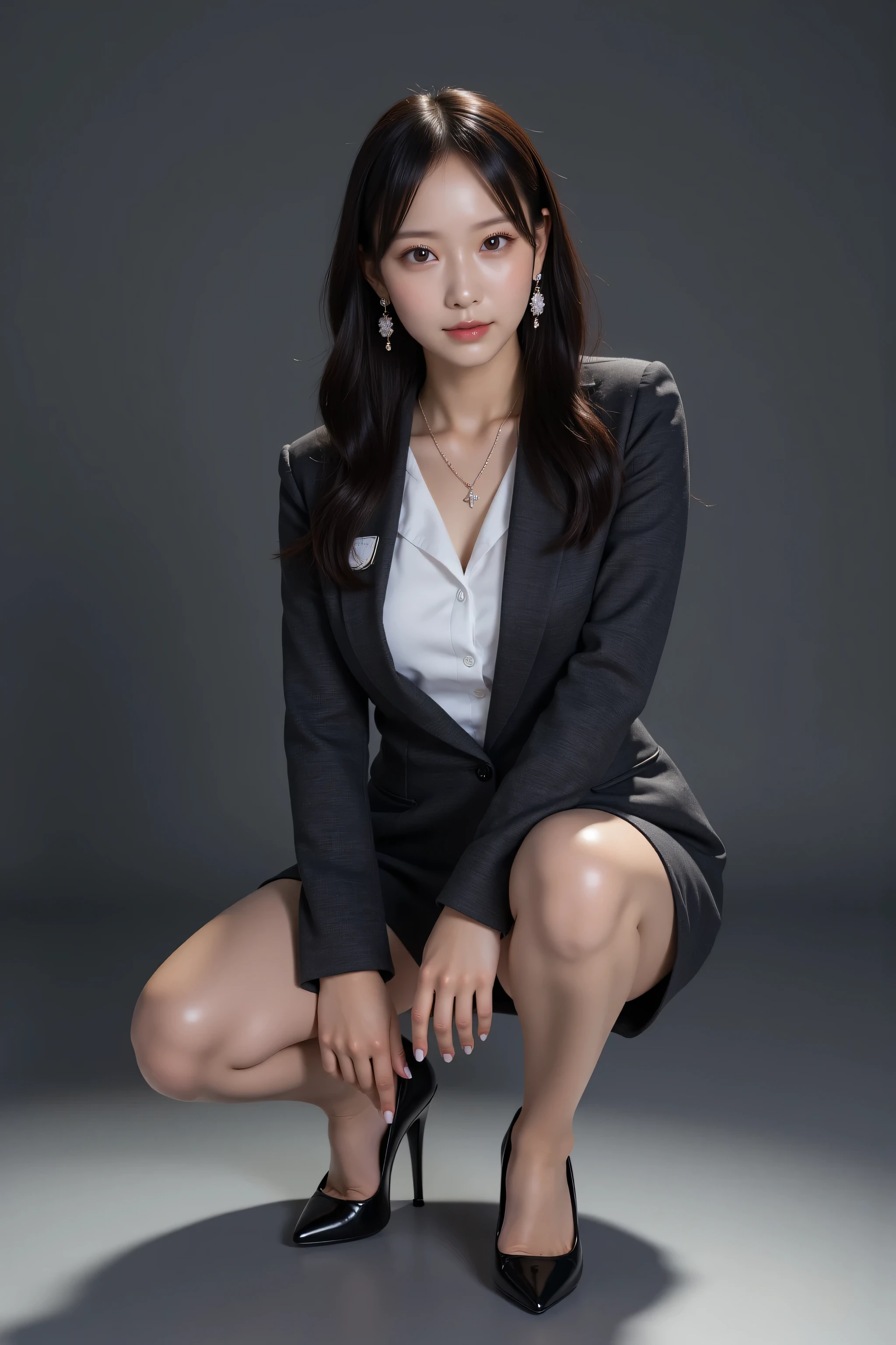 A TOP QUALITY, long dark hairのスタイリッシュな , professional office lady with long dark hair, in a dynamic squat pose. TOP QUALITY, fine details of eyes and skin, studio lighting , 30 years old, Japanese, dark eyes, long dark hair, refined , Moderate bust , plump lips, earrings, necklace, Charcoal Tight Suit , white blouse, miniskirt, high heels, Name tag, Long Sleeve, slight motion blur , squat , slight motion blur , for faces with , Composed, Concentrated, from a slightly lower angle, full body.