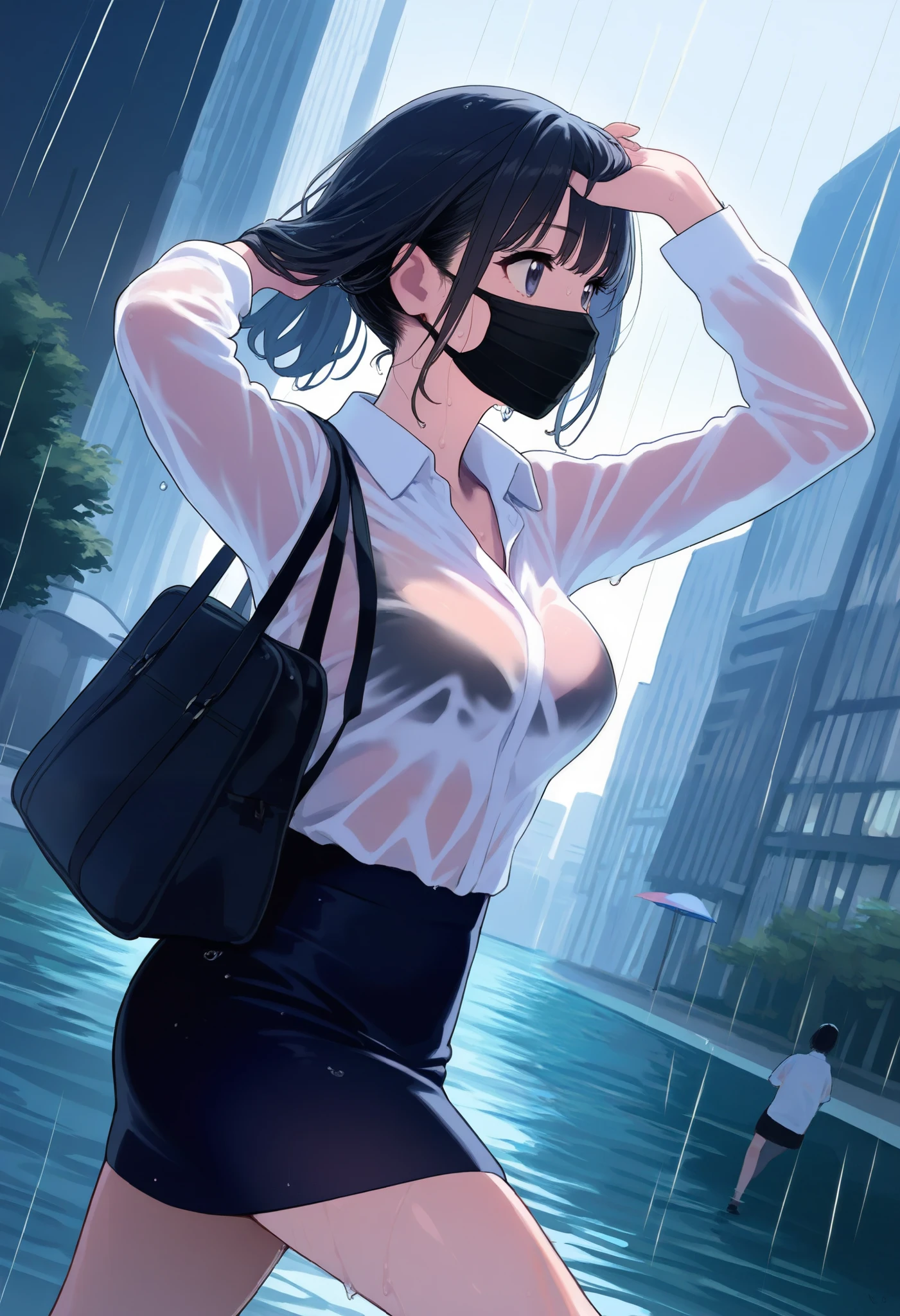 very detailed, high quality, 8k octane, super detailed, JPEG compression distortion, An adult woman starting to Run, alone, bag held above head by hand, returning home from work chased by a person,
suit skirt, Run, wet blouse, 必死にRun魅力的な女性, Intricate and Detailed Rain,