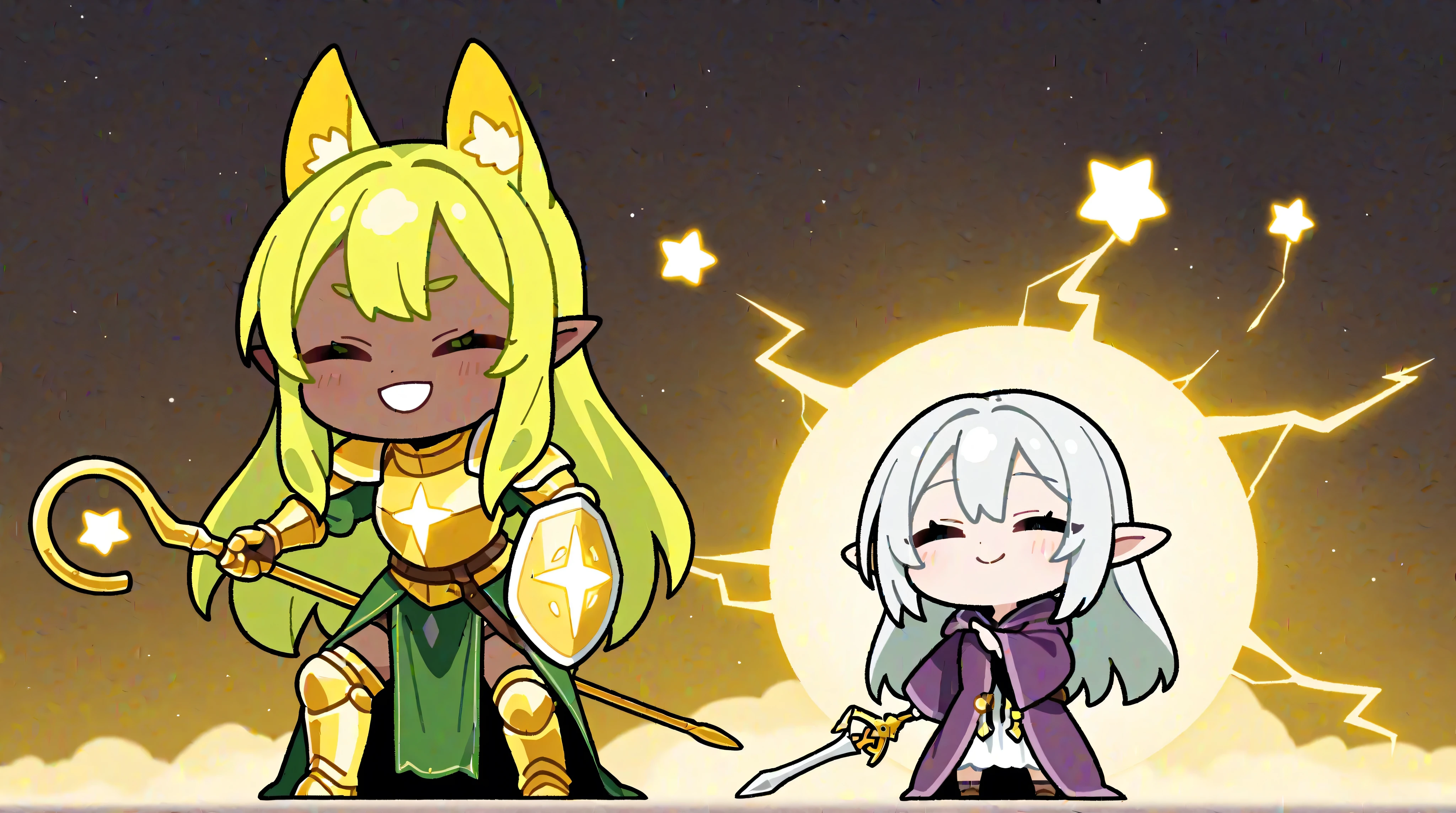 A chibi-style, two-heads-tall girl with dog ears and long silver hair. She is wearing a metal armor with a long lightning sword. She is standing in a cute and confident pose, facing forward with a big, cheerful smile. The background is a plain yellow, making her the central focus of the image.
best quality, フラット color, color, chibi , A chibi-style, two-heads-tall girl with pointed ears and long green hair. She is elf. She is wearing a green short robe adorned with magical patterns She has a bow and arrow. She is standing in a cute and confident pose, facing forward with a big, cheerful smile. The background is a plain yellow, making her the central focus of the image.
フラット color, color, chibi , A chibi-style, two-heads-tall girl with long yellow hair. She is wearing a golden armor with a long glowing sword and a small shield. She is standing in a cute and confident pose, facing forward with a big, cheerful smile. The background is a plain yellow, making her the central focus of the image.
best quality, Alone, フラット color, color, chibi , A chibi-style, two-heads-tall girl with cat ears and short brown hair. She is wearing a purple wizard’s robe adorned with magical patterns and holds a staff topped with a glowing star. She is standing in a cute and confident pose, facing forward with a big, cheerful smile. The background is a plain yellow, making her the central focus of the image.
A chibi-style, two-heads-tall girl with pointed ears and curl black long hair and brown skin. She is wearing a black leather armor She is handing a long spear with cross shaped, She is standing in a cute and confident pose, facing forward with a big, cheerful smile, The background is a plain yellow, making her the central focus of the image,