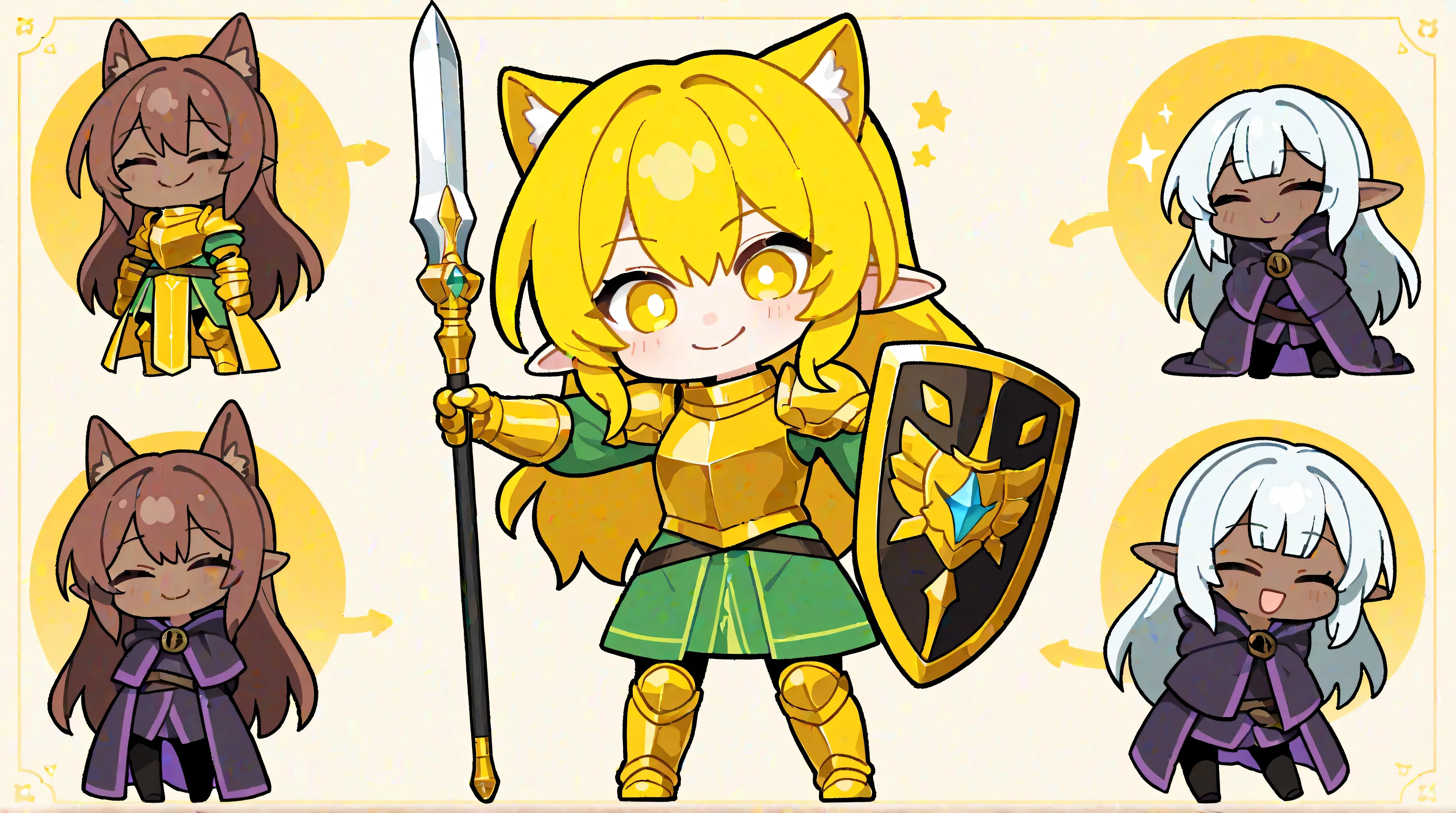 A chibi-style, two-heads-tall girl with dog ears and long silver hair. She is wearing a metal armor with a long lightning sword. She is standing in a cute and confident pose, facing forward with a big, cheerful smile. The background is a plain yellow, making her the central focus of the image.
best quality, フラット color, color, chibi , A chibi-style, two-heads-tall girl with pointed ears and long green hair. She is elf. She is wearing a green short robe adorned with magical patterns She has a bow and arrow. She is standing in a cute and confident pose, facing forward with a big, cheerful smile. The background is a plain yellow, making her the central focus of the image.
フラット color, color, chibi , A chibi-style, two-heads-tall girl with long yellow hair. She is wearing a golden armor with a long glowing sword and a small shield. She is standing in a cute and confident pose, facing forward with a big, cheerful smile. The background is a plain yellow, making her the central focus of the image.
best quality, Alone, フラット color, color, chibi , A chibi-style, two-heads-tall girl with cat ears and short brown hair. She is wearing a purple wizard’s robe adorned with magical patterns and holds a staff topped with a glowing star. She is standing in a cute and confident pose, facing forward with a big, cheerful smile. The background is a plain yellow, making her the central focus of the image.
A chibi-style, two-heads-tall girl with pointed ears and curl black long hair and brown skin. She is wearing a black leather armor She is handing a long spear with cross shaped, She is standing in a cute and confident pose, facing forward with a big, cheerful smile, The background is a plain yellow, making her the central focus of the image,