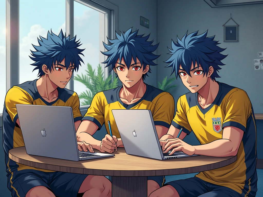 A serious 15-year-old boy is looking at an empty room in his classroom and wonders who was sitting in that stall who tells a story to another 15-year-old boy with blue hair and is in the school classroom., Behind them are other kids playing basketball.