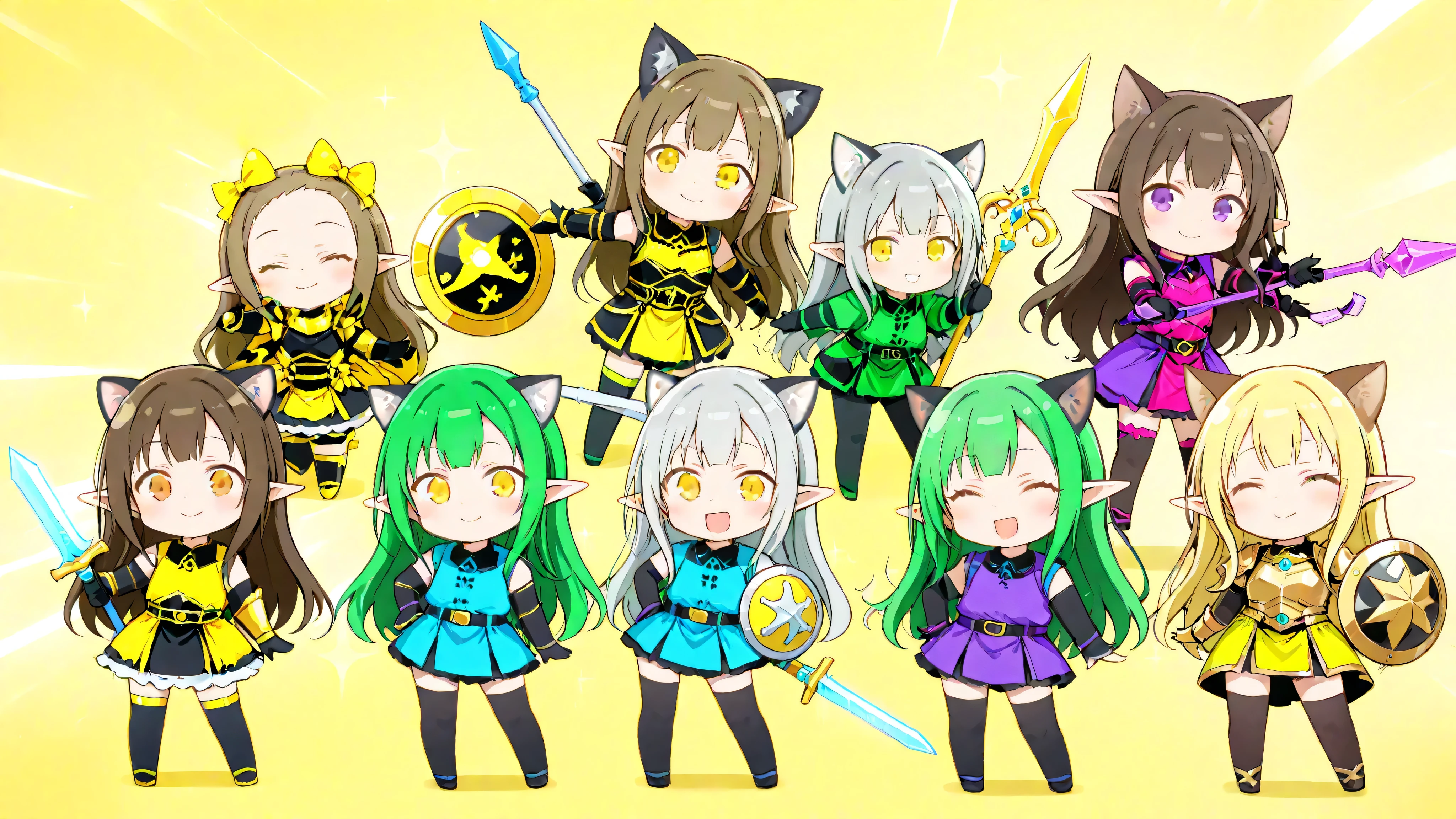 A chibi-style, two-heads-tall  girl with dog ears and long silver hair. She is wearing a metal armor with a long lightning sword. She is standing in a cute and confident pose, facing forward with a big, cheerful smile. The background is a plain yellow, making her the central focus of the image.
best quality,  フラット color,  color,  chibi , A chibi-style, two-heads-tall  girl with pointed ears and long green hair. She is elf. She is wearing a green short robe adorned with magical patterns She has a bow and arrow. She is standing in a cute and confident pose, facing forward with a big, cheerful smile. The background is a plain yellow, making her the central focus of the image.
フラット color,  color,  chibi , A chibi-style, two-heads-tall  girl with long yellow hair. She is wearing a golden armor with a long glowing sword and a small shield. She is standing in a cute and confident pose, facing forward with a big, cheerful smile. The background is a plain yellow, making her the central focus of the image.
 best quality, Alone,  フラット color,  color,  chibi , A chibi-style, two-heads-tall  girl with cat ears and short brown hair. She is wearing a purple wizard’s robe adorned with magical patterns and holds a staff topped with a glowing star. She is standing in a cute and confident pose, facing forward with a big, cheerful smile. The background is a plain yellow, making her the central focus of the image.
 A chibi-style, two-heads-tall  girl with pointed ears and curl black long hair and brown skin. She is wearing a black leather armor She is handing a long spear with cross shaped, She is standing in a cute and confident pose, facing forward with a big, cheerful smile, The background is a plain yellow, making her the central focus of the image,