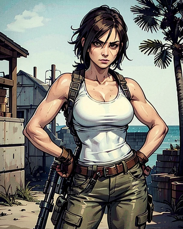 a military woman, well trained body, white sleeveless t-shirt, Exposed collarbone, beige leather shelter, blue pants, two leather belts with gun pockets, dark brown hair, carving, Brown eyes, hazel left eye, left eye with a scar, beach shore, at daytime, walking towards the viewer, serious expression, threatening expression looking at viewer, sparkling beach, palm trees around, leather gloves on his hands, In a post-apocalyptic environment, post - apocalyptic cowgirl, Post - Apocalyptic style, Post apocalyptic clothing, pose, post-apocalyptic, Postapocalyptic style, post apocalyptic grunge, Post - Apocalyptic Scavenger. (Ultra quality) 8k quality, detailed, perfect light, perfect angle, perfect sharpness.