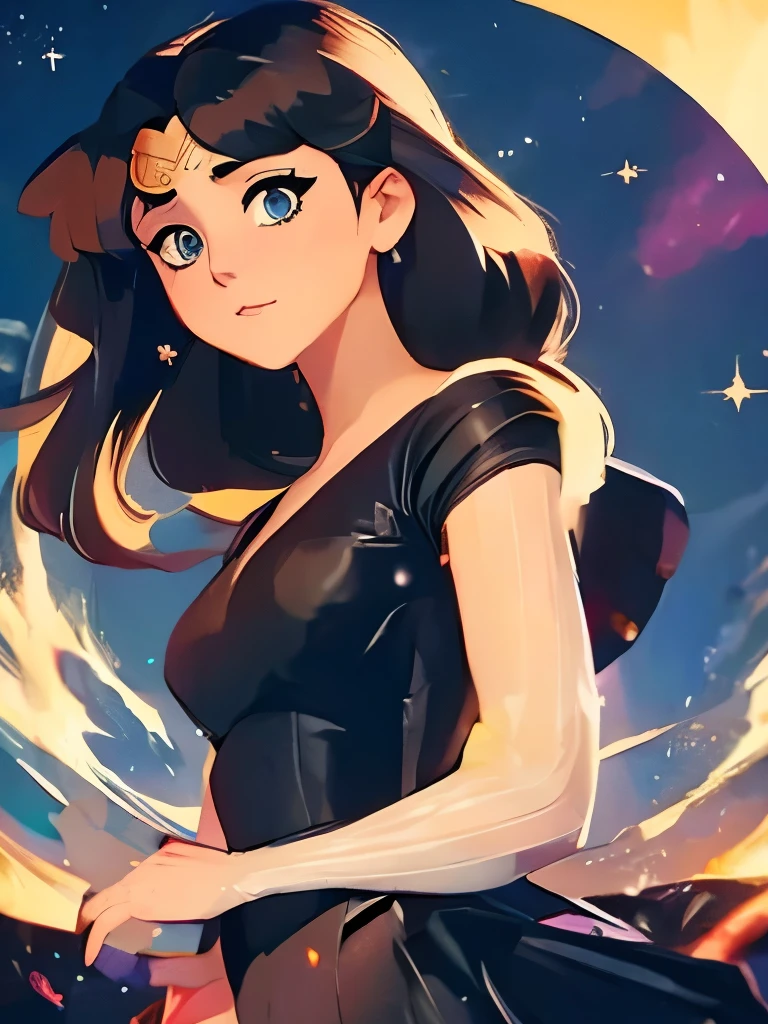 a close up of a woman in a black dress with long hair, ✨🕌🌙, anime princess, sailor moon aesthetic, the sailor moon. beautiful, by Sailor Moon, anime vibes, sailor moon style, inspired by Sailor Moon, anime girl wearing a black dress, nightcore, anime girl, cute anime waifu in a nice dress, anime inspired, beautiful anime style