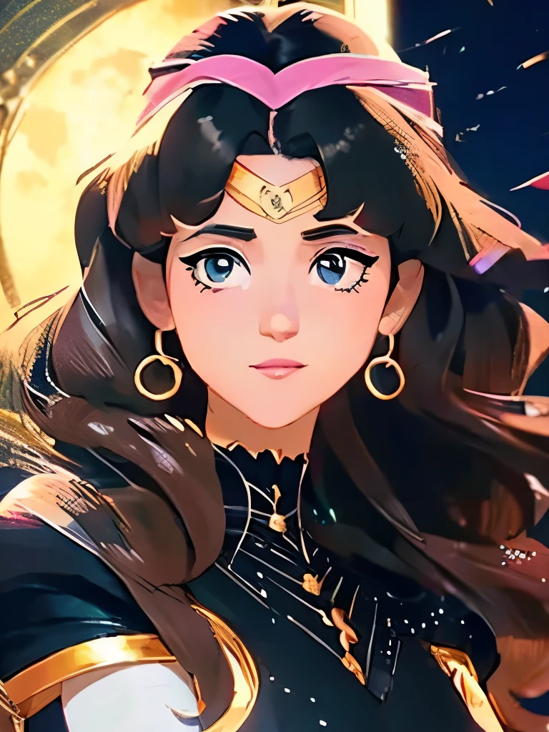a close up of a woman in a black dress with long hair, ✨🕌🌙, anime princess, sailor moon aesthetic, the sailor moon. beautiful, by Sailor Moon, anime vibes, sailor moon style, inspired by Sailor Moon, anime girl wearing a black dress, nightcore, anime girl, cute anime waifu in a nice dress, anime inspired, beautiful anime style