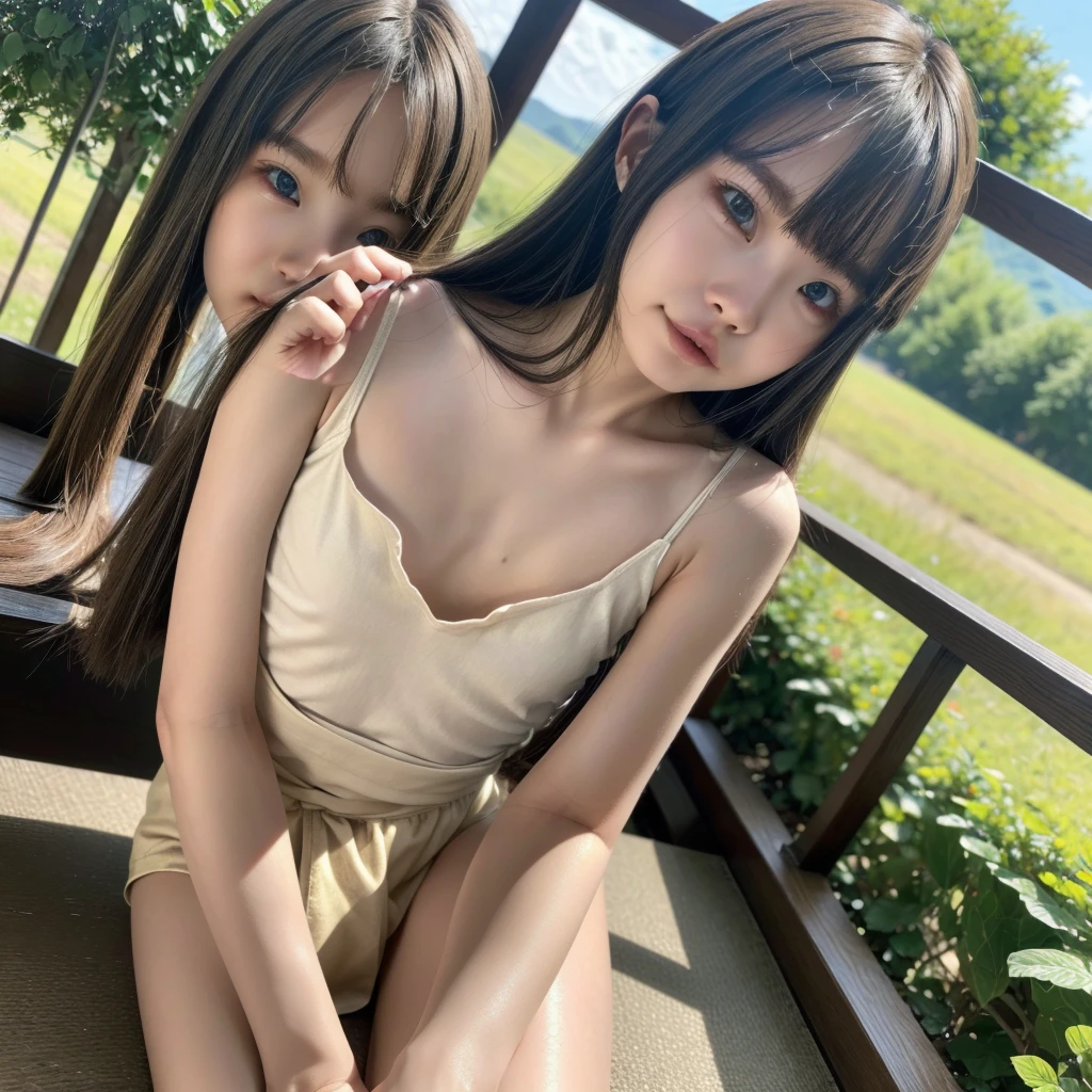 pieces fly, highest quality, ((highest quality、8K、masterpiece:1.3))、ultra high resolution、Physically based rendering、(realistic:1.37)、完璧な体の美しいtwo women:1.4、slim abdomen:1.2、Highly detailed face and skin texture、 red cheeks、white skin、thin waist,thin legs、highest quality,Super detailed,masterpiece,very beautiful 12 year old girl, (cute:1.2),perfect shiny skin,perfect skin,((Accurate hand without discomfort)), (brown hair),(short bob hair),(((lower body nude)))、((Long-sleeved white knit sweater with open neckline))、smile、((Valley overlooking the waterfall))、(((No panties)))、(((I can see pubic hair)))、(((two women)))