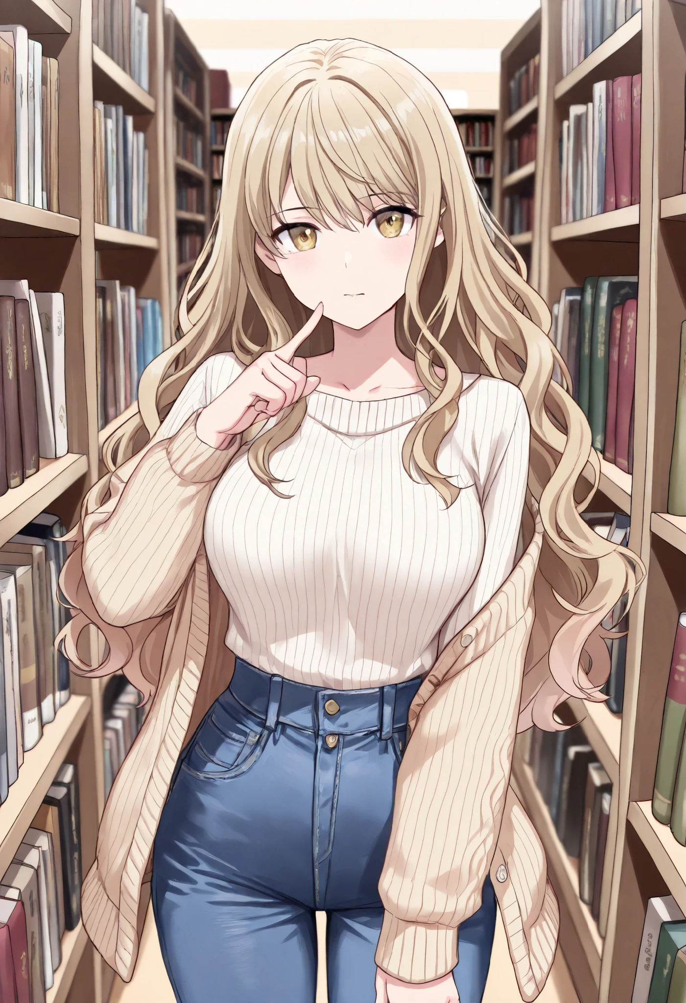 ((Best quality, 8k, Masterpiece: 1.3)), Highly detailed face and skin texture, A young woman stands in front of a large bookshelf in a library, searching for a book. She holds three books in her left arm while pointing at a book on the shelf with her right index finger. ((Her long, wavy hair cascades down to her waist)), She wears a cozy cardigan and a pair of denim pants. The library is softly lit, with rows of books neatly arranged on the wooden shelves. The atmosphere is quiet and serene, evoking a sense of intellectual curiosity.