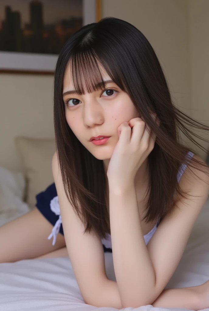 (masterpiece、Highest quality、Very detailed)、Hair color is deep dark brown、Soft Waves、
(Skin is smooth、Lightly reflects light、Healthy shine)、(The eyes are almond-shaped、eyes dark brown)、Long eyelashes、Flexible curls、Each one is clearly visible、Thin eyeliner、Natural eyelash shadow)、(Natural pink cheeks)、(Thick lips、smile)(Japanese 、Glamorous Body)、(See-through lingerie)、(Navy blue pleated mini skirt、inseam length)、(Beach、Pay attention to her whole body and facial expression)、(((Eye highlights and skin detail、Realistic details)))