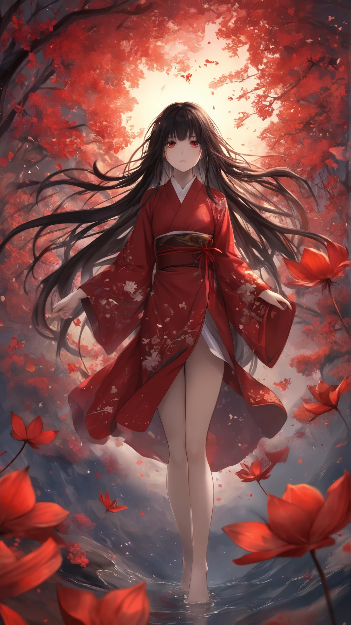 "A mesmerizing and eerie Japanese yokai named Kurenai-Yume. She appears as a young woman in a flowing, blood-red kimono embroidered with golden butterflies, her long, dark hair cascading down like ink. Her eyes are a deep, glowing crimson, filled with an unsettling mix of sorrow and longing. She walks barefoot through a dreamlike field of scarlet spider lilies, her presence distorting the air around her like a heat haze. Wisps of dreamlike mist swirl around her, and the petals beneath her feet turn to dust with every step. The sky above is a surreal blend of deep violet and crimson, as if dusk and dawn are eternally clashing. It is said that those who see her will fall into an endless dream, trapped between reality and illusion forever."