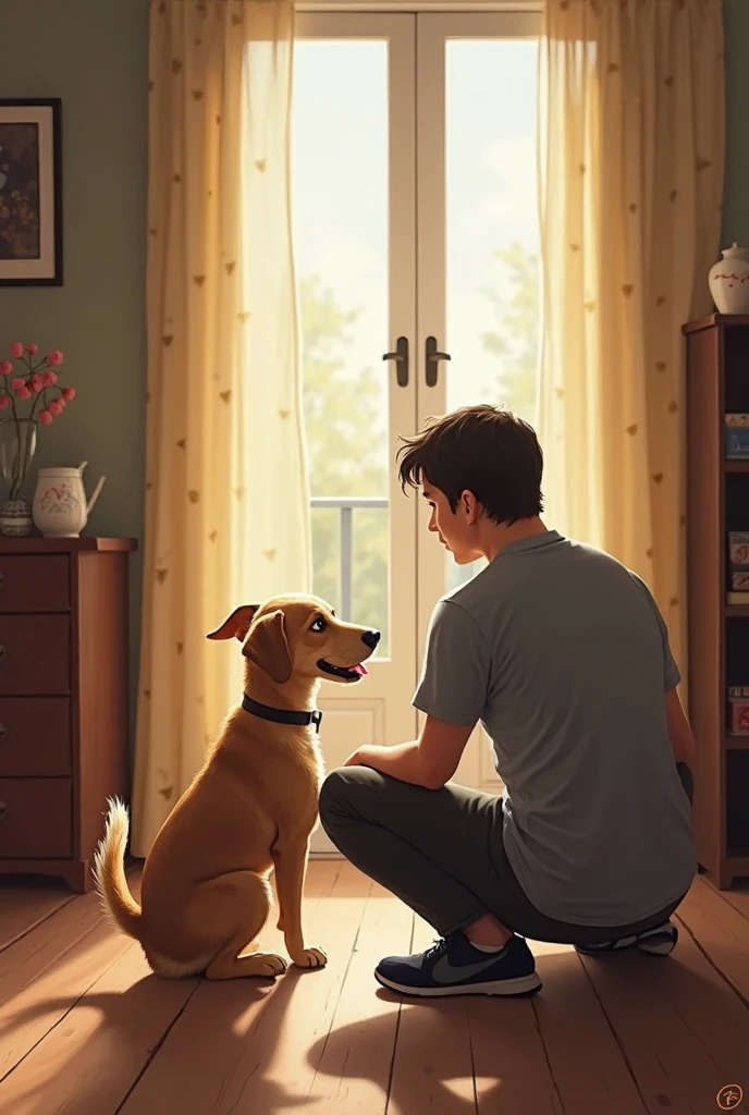 Disney-inspired cartoon illustration: In a room illuminated by the soft light of evening. 25 years old couple playing with cavopoo puppy