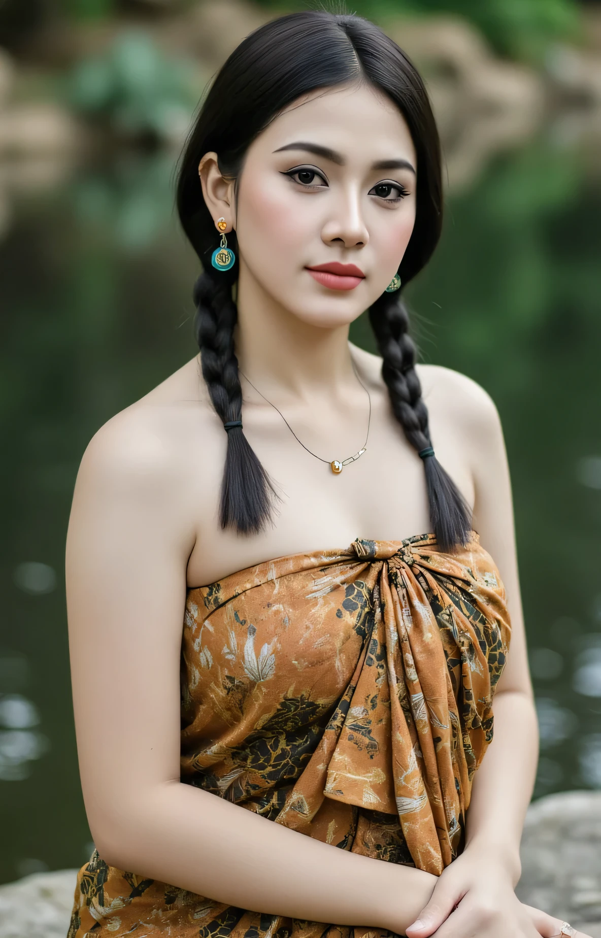 (Masterpiece: 1.2, Best High Quality), Realistic, (Realistic Picture, Complex Details, Depth of Field), Best Quality, Masterpiece, Highly Detailed, Realistic, DSLR lighting, Soft lighting, Cinematic lighting, smooth sharp focus, HD PICTURE, perfect image color, 1 old mature, indonesian old mature, 38 years old, forward chest, huge breasts, thin lips, beautiful and seductive, slim body, wearing sarong dress, full body view, look at camera, photo full body, rural background, Two braid hair, seductive thin smile, sitting on a rock by the river