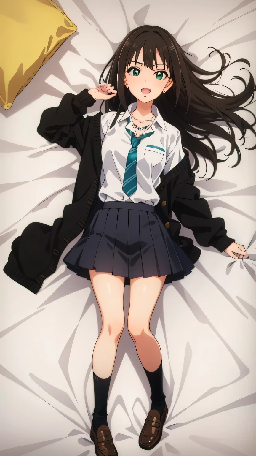 {{{masterpiece}}}, (best quality:1.5), (ultra-detailed:1.5), {illustration}, {{an extremely delicate and beautiful}}, (beautiful detailed eyes:1.6), absurdres, highres, extremely detailed face, 16k, hd, visual anime de uma jovem mulher, extremamente bonito rosto de anime, anime melhor garota, (perfect hands, perfect anatomy), anime face, rin shibuya(iDOLM@STER Cinderella Girls), 1girl, solo, cute face, beautiful face, black hair, long hair, straight hair, bangs, sidelocks, flushed cheeks, green eyes, slanted eyes, medium breasts, thin waist, big hips, curvaceous, BREAK, {school uniform}, black cardigan, long sleeves, black sleeves, white shirt, collared shirt, wing collar, green necktie, striped necktie, clavicle, chain necklace, shirt tucked in, black skirt, miniskirt, pleated skirt, black crew socks, brown loafers, BREAK, lying, on back, smiling, open mouth, embarrassed, flushed cheeks, looking at viewer, on the bed, whole body, dakimakura