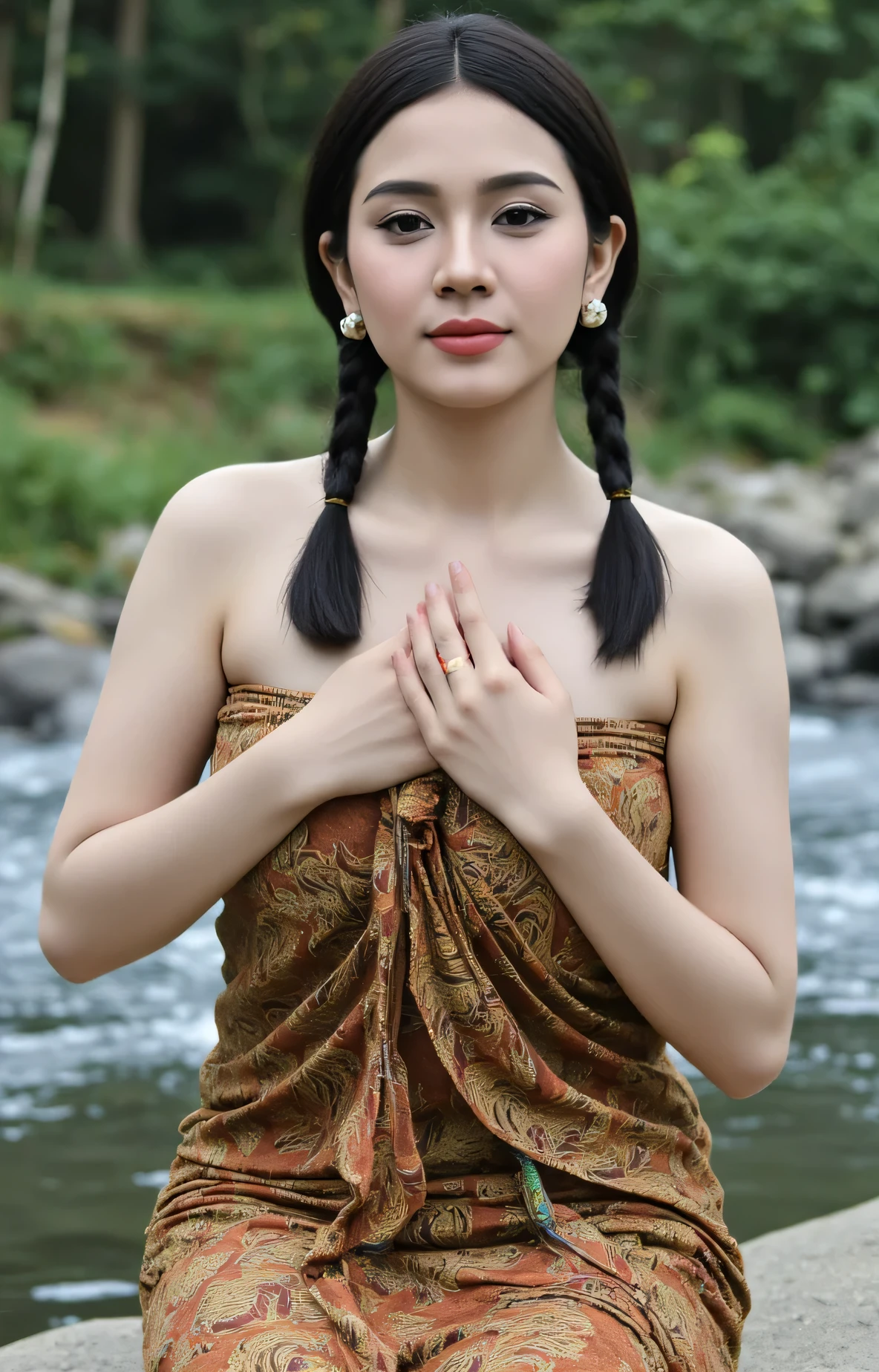 (Masterpiece: 1.2, Best High Quality), Realistic, (Realistic Picture, Complex Details, Depth of Field), Best Quality, Masterpiece, Highly Detailed, Realistic, DSLR lighting, Soft lighting, Cinematic lighting, smooth sharp focus, HD PICTURE, perfect image color, 1 old mature, indonesian old mature, 38 years old, forward chest, huge breasts, thin lips, beautiful and seductive, slim body, wearing sarong dress, full body view, look at camera, photo full body, rural background, Two braid hair, seductive thin smile, sitting on a rock by the river