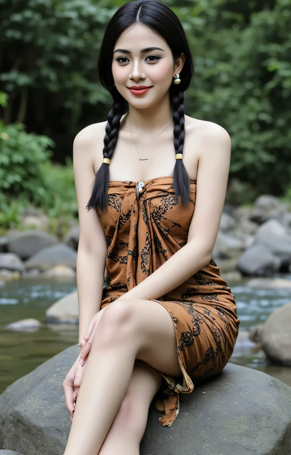 (Masterpiece: 1.2, Best High Quality), Realistic, (Realistic Picture, Complex Details, Depth of Field), Best Quality, Masterpiece, Highly Detailed, Realistic, DSLR lighting, Soft lighting, Cinematic lighting, smooth sharp focus, HD PICTURE, perfect image color, 1 old mature, indonesian old mature, 38 years old, forward chest, huge breasts, thin lips, beautiful and seductive, slim body, wearing sarong dress, full body view, look at camera, photo full body, rural background, Two braid hair, seductive thin smile, sitting on a rock by the river