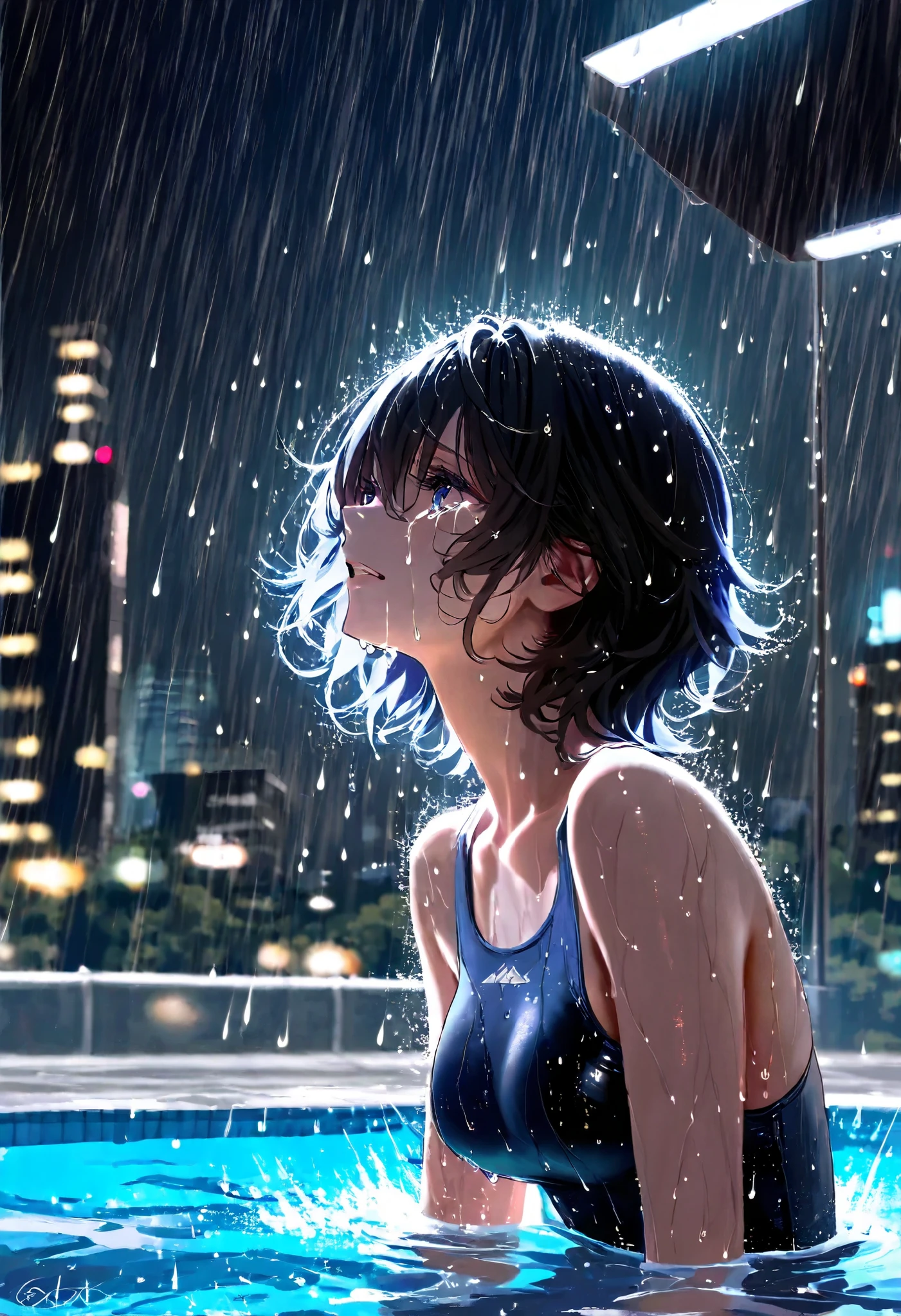 A hyper-realistic, ultra-detailed masterpiece featuring a beautiful woman with messy, wavy short hair, completely soaked by heavy rain. She is crying in a penthouse's open pool, with raindrops falling intensely around her, water streaming down her face and shoulders.  Aesthetic_PDXL.