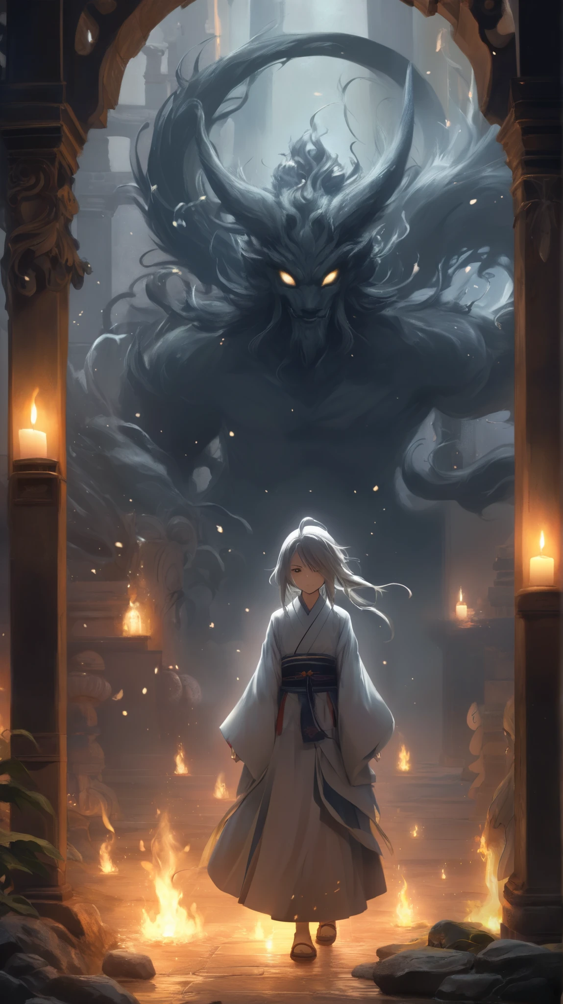"A mysterious and ghostly Japanese yokai named Keburi-no-Hohoemi. This yokai appears as a faint, shadowy figure, its body composed of swirling smoke that drifts and curls in the air like incense. The only distinct feature is a soft, unsettling smile that glows faintly through the haze, shifting and flickering like a flame. It drifts silently through the ruins of an abandoned temple, where burned-out candles and forgotten offerings remain untouched by time. The surrounding air is thick with an eerie, fragrant mist, as if infused with the memories of countless prayers. The background is dimly lit by the faint flicker of spectral flames, casting long, dancing shadows along the walls. Those who encounter Keburi-no-Hohoemi often find themselves entranced, unable to look away from its ever-present smile."