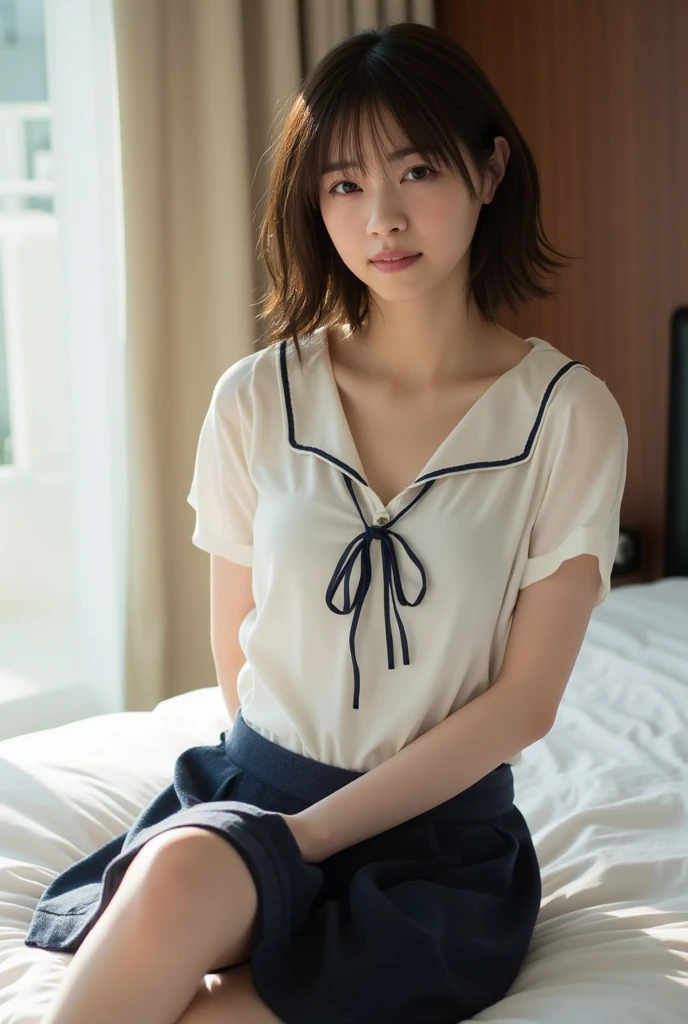 nsfw,((naked))、((Beautiful nipples))、((flat chest)),show off nipple、1 Girl, alone, Japanese girl, 14 years old,The background is the library、Many books棚、Many books、(Highest quality, Realistic, High resolution, 8K, Very detailed, Detailed face, Shiny skin), Japanese , Collared shirt, White shirt, Red ribbon, Black Hair, ragged bangs, ponytail,Gazing into the distance,Young face、Are thin、Slim figure、slender、Short、 System、((Lots of sweat))、Navy blue checked skirt、Nice thighs、Crouching,Shot from directly above、