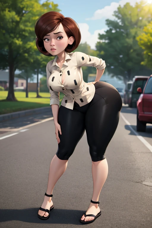 masterpiece, best quality, outdoors, lens flare, depth of field, 1girl, solo, looking at viewer, breasts, helenparr, polka dot, collared shirt, dress shirt, buttons, black pants, hands on hips, big ass, thick thighs, wide hips,