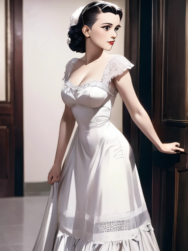20 years old Girl standing in the doorway of a church, wearing a wedding dress, medium breast, shining skin, dramatic lighting, pin up style, sexy, surprised, , colorful , masterpieces, illustrated, shining skin, detailed face, Medium breast. tight body. black hair, Illustrated BY Zoe Mozert,   pinup art byZoe Mozert,  vintage pin up, illustrated by Zoe Mozert, girl pinup, pinup girl, pin-up poster girl, pin up girl, pinup, pin - up girl, Detailed face, Detailed Hands, Detailed legs,
