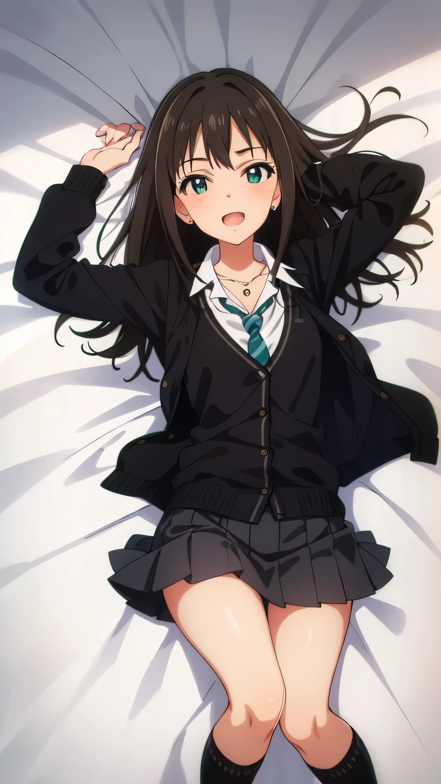 {{{masterpiece}}}, (best quality:1.5), (ultra-detailed:1.5), {illustration}, {{an extremely delicate and beautiful}}, (beautiful detailed eyes:1.6), absurdres, highres, extremely detailed face, 16k, hd, visual anime de uma jovem mulher, extremamente bonito rosto de anime, anime melhor garota, (perfect hands, perfect anatomy), anime face, rin shibuya(iDOLM@STER Cinderella Girls), 1girl, solo, cute face, beautiful face, black hair, long hair, straight hair, bangs, sidelocks, flushed cheeks, green eyes, slanted eyes, medium breasts, thin waist, big hips, curvaceous, BREAK, {school uniform}, black cardigan, long sleeves, black sleeves, white shirt, collared shirt, wing collar, green necktie, striped necktie, clavicle, chain necklace, shirt tucked in, black skirt, miniskirt, pleated skirt, black crew socks, BREAK, lying, on back, smiling, open mouth, embarrassed, flushed cheeks, looking at viewer, on the bed, whole body, dakimakura