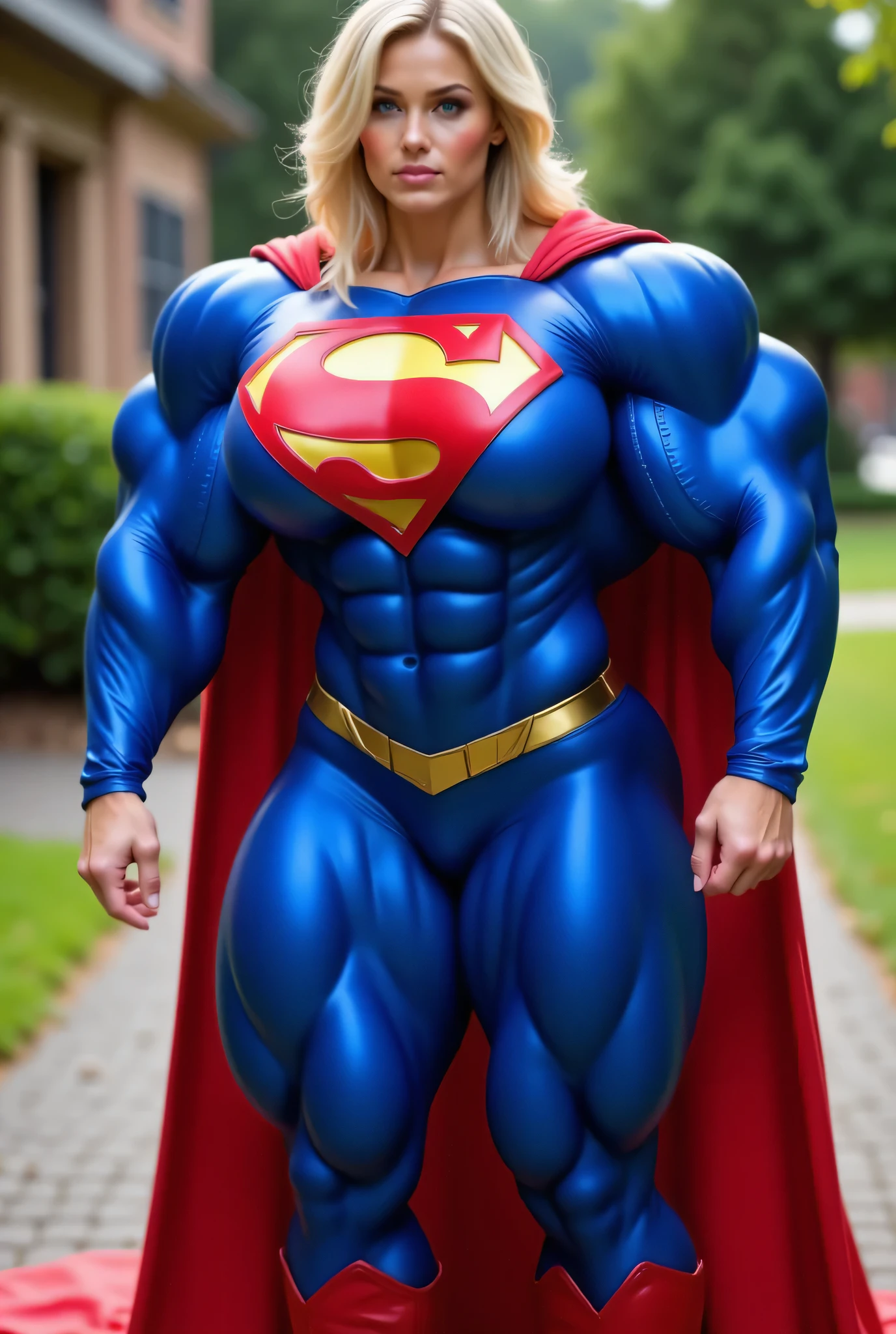 (Muscular:2.3), (thick thighs:1.9),
blonde female, (supergirl), (big smile:1.5), blunt bangs, (ponytail:0.7),
earrings, lipstick, eyeshadow,
hard nipples, large breasts,
(full body suit, blue bodysuit:1.8), (small cape:1.3),
looking at viewer, three quarter view, (upper body view:2),
(floating, in midair, sky and clouds background:1.3), rim lighting, two tone lighting, dim lighting, bokeh, detailed skin, detailed eyes