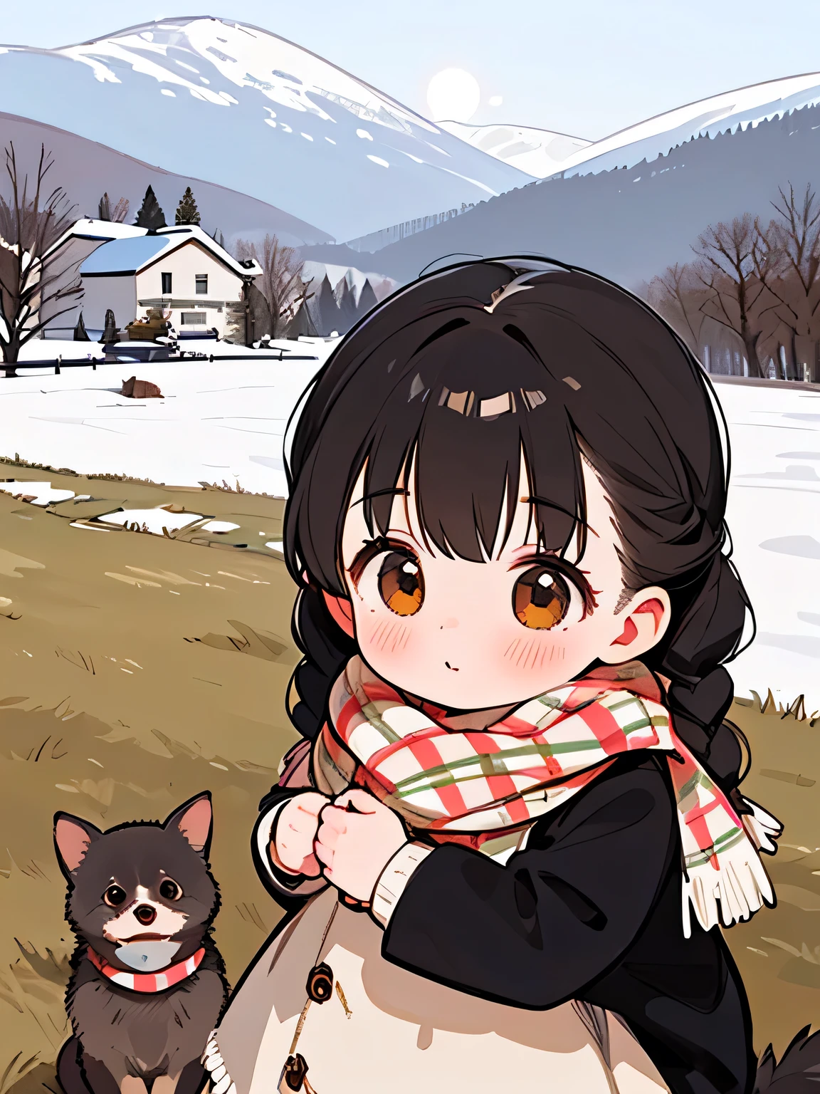 ( top quality ,32K, high image quality , Penis Masterpiece :1.2), very well detailed, ( deformed, exists , exists :1.3), Girl who can't see the stars , it's cute , very short, Figure Temptation ,Laugh happily, brown eyes , Short length , fluffy, black hair braids , long sleeve white mini dress , warm scarf , hugs a chihuahua , Chihuahuas are much larger than females ....,This dog is a chihuahua.., The winter background is the garden of a country house ,Winter snow scene, clothes can be seen through even when sweaty in the cold ,