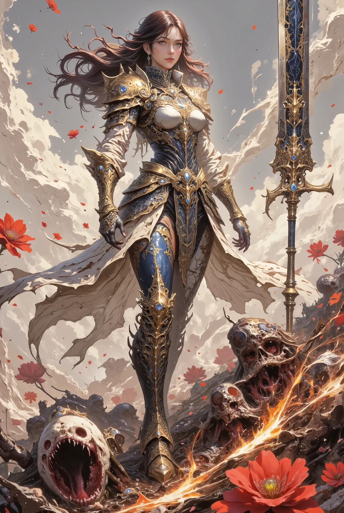  MaleniaNorm's intense and thrilling scene , Legendary female warrior,  maximizing realistic rendering . covered in an elegant fish scale pattern, she stood confidently ,Peerless Beauty， . Her perfect figure wore finely carved gold and dark blue armor, A perfectly shaped woman with a，shows cleavage， exposes abdomen，on the thigh showing the thigh，Long dark brown hair fluttering，Firm eyes. In her right hand,  ，Waving a huge ,  A samurai sword engraved with runes ,  The background is a battlefield full of war .  The scarlet flowers spin around her ,  floats in the air like ghostly petals ,  add an unforgettable sense of beauty to the scene .  The background is a battlefield full of war ,  shrouded in blood-red flowers and a mist of fiery embers ,  with fallen warriors scattered around .  The atmosphere is full of fear and elegance , captured Malenia's deadly grace and the indomitable strength of one of her most powerful enemies. ( Ultra HD QUALITY AND RENDERING :3),  Maximizing image detail ,  realistic side lighting , ((( Surrealist style))),  realistic soft lighting , , 8k HD,  She is holding an iconic prosthetic , (Stunning special effects:3.5)
