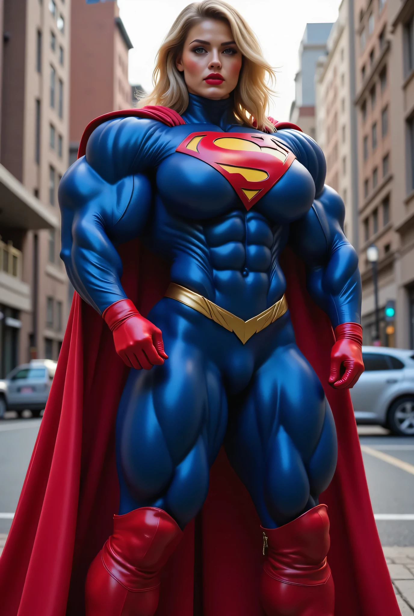 60 year old, light skinned black woman, bodybuilder, superman outfit, red and blue, red cape, high heels, knee high boots, (((full body shots)))