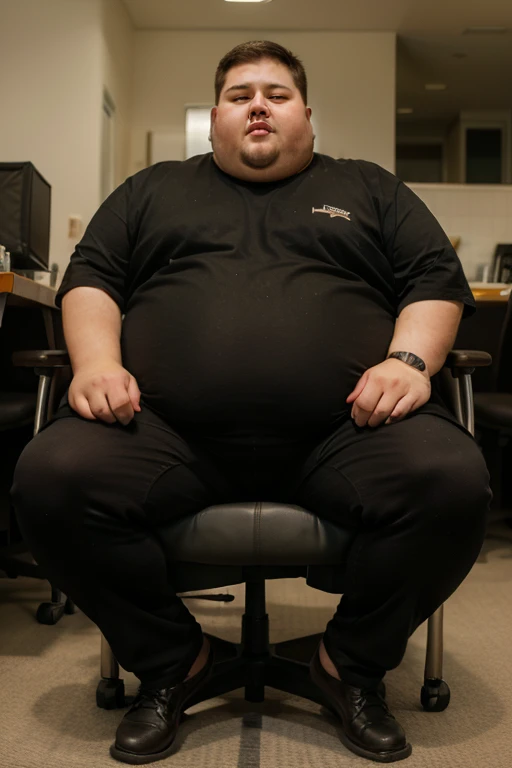 Middle aged fat man in shirt and tie sitting in an office chair, greying hair, big round belly, padded belly, inflated, huge, obese, like a beachball