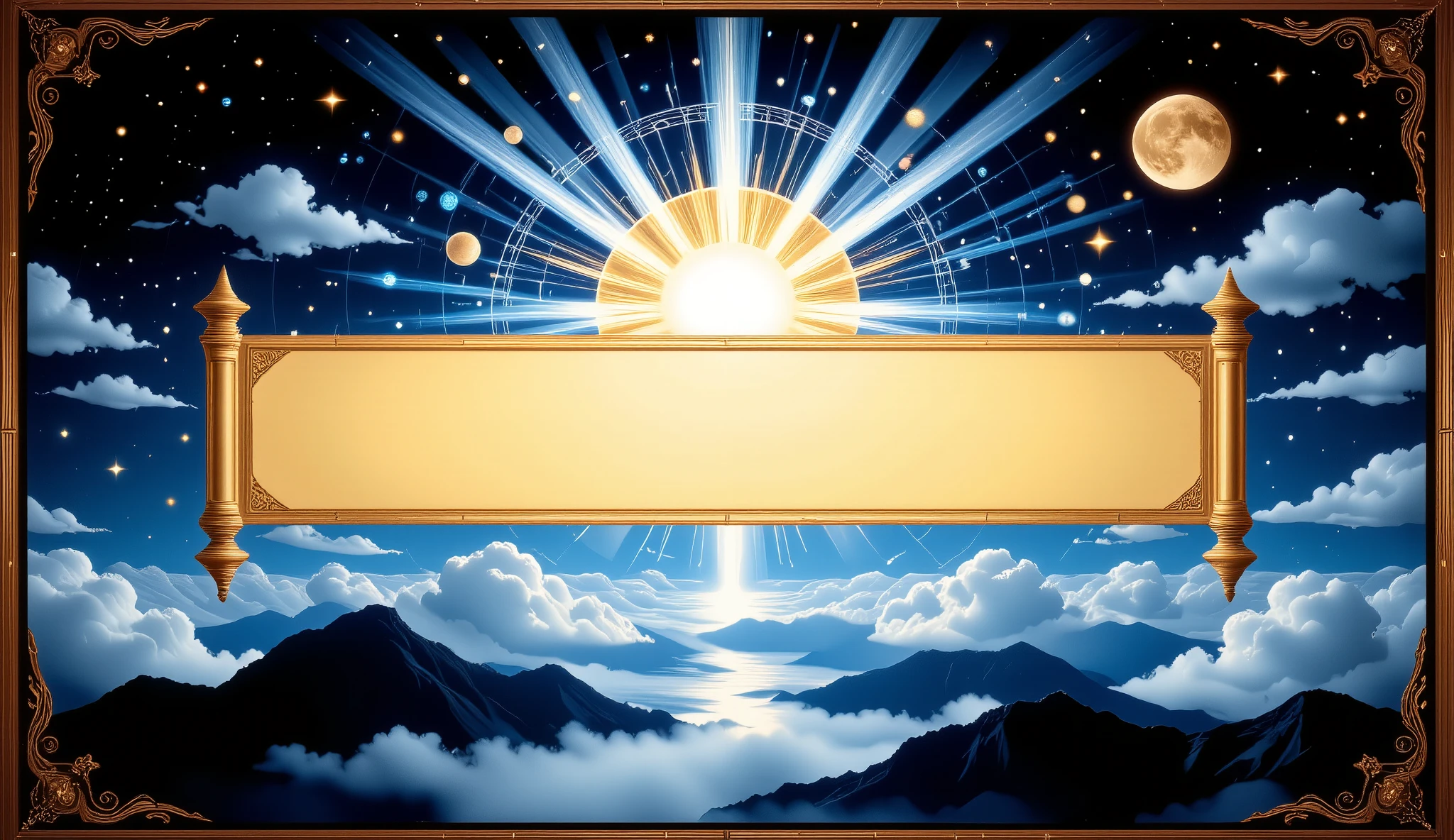 horizontal blue gold space moon and sun clouds heavens stained glass style broad banner background black background color no humans