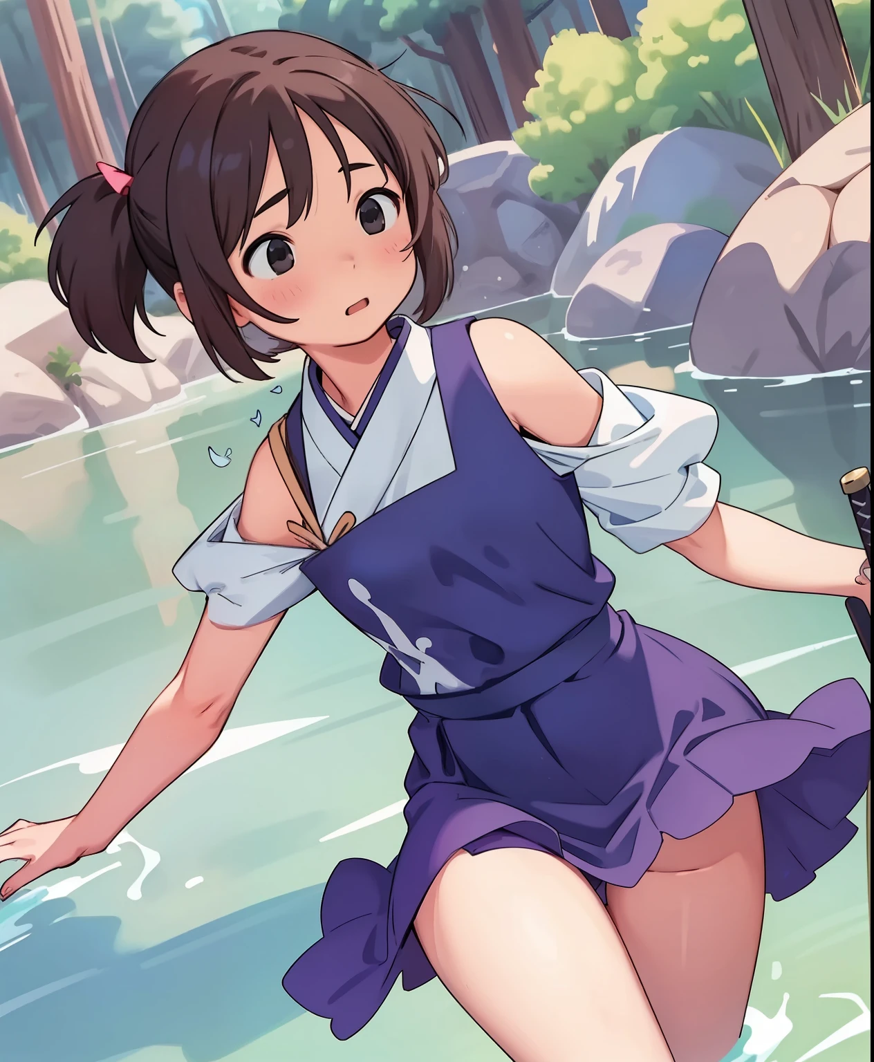 ( masterpiece、Highest品質、Highest品質、OFFICIAL ART、 beautiful and beautiful :1.2)、(one girl:1.3)初soundミク、twin tails,beautiful breasts,(((SFW、sound、Highest quality、 first class masterpiece 、 Normal body 、8k、 detailed face、 super precise、 real color 、Normal refer to、5refer to、Highest)))、 beautiful girl、brown hair on both arms、 bob cut 、slender、 low length 、 thin legs、Aare Nadia、Squishy、 Magician、Blue short sleeve shirt、White Tank Top、 tank top 、blue mini skirt、Half shoulder pad、 half breasted plate 、 A painting of a woman wearing a kimono holding a sword 、見習い Magician、 Fluttering Skirt