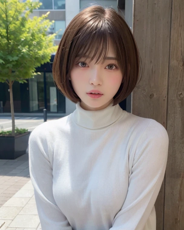 Beautiful woman with detailed body, upper body, brown bob hair, perm, casual, high neck, (wet hair)
