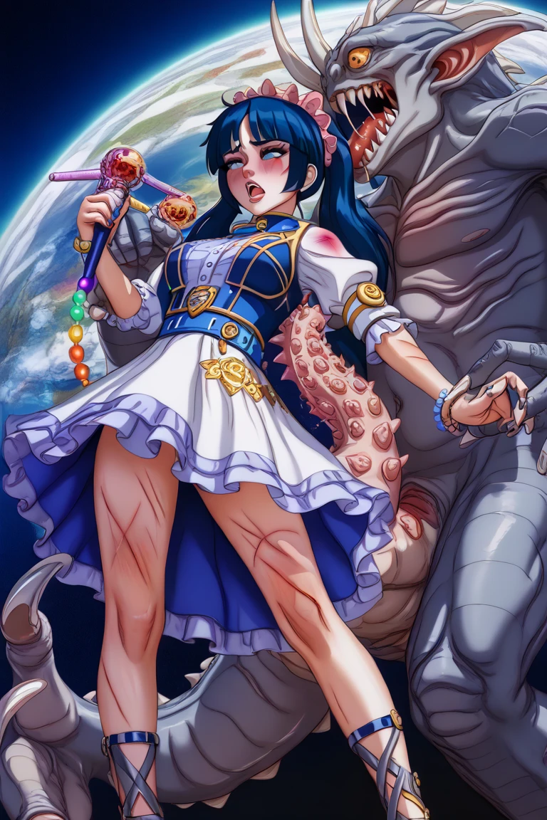(Ultra HD, Highest quality, High resolution, Hyperrealistic, super beautiful), 24000dpi, One beautiful woman, high school girl, Long Ponytail, Well-formed eyes, be scared, screamをあげる, cry, 18-year-old, Alluring, Completely American, perfect body, Physical Beauty, scream, cry, ((Japanese Sailor Suit:1.5, Pleated mini skirt)), Absurd, ((nsfw)), (((Anatomically correct1.3))), (((Four baby goblins are touching her body., Goblin puts his head inside the skirt, Torn clothes))), Humiliation, humiliation, JK Raper, whole body,Outdoor, in the forest, Dark Night