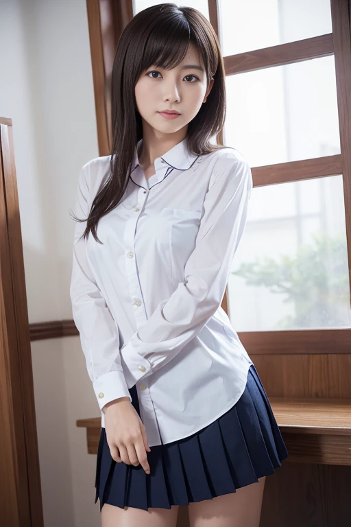 Nipples visible from white shirt, wet shirt, no panties, full body figure, black hair long straight, high school student, uniform, sexy, bra, Japan person, 17 years old,