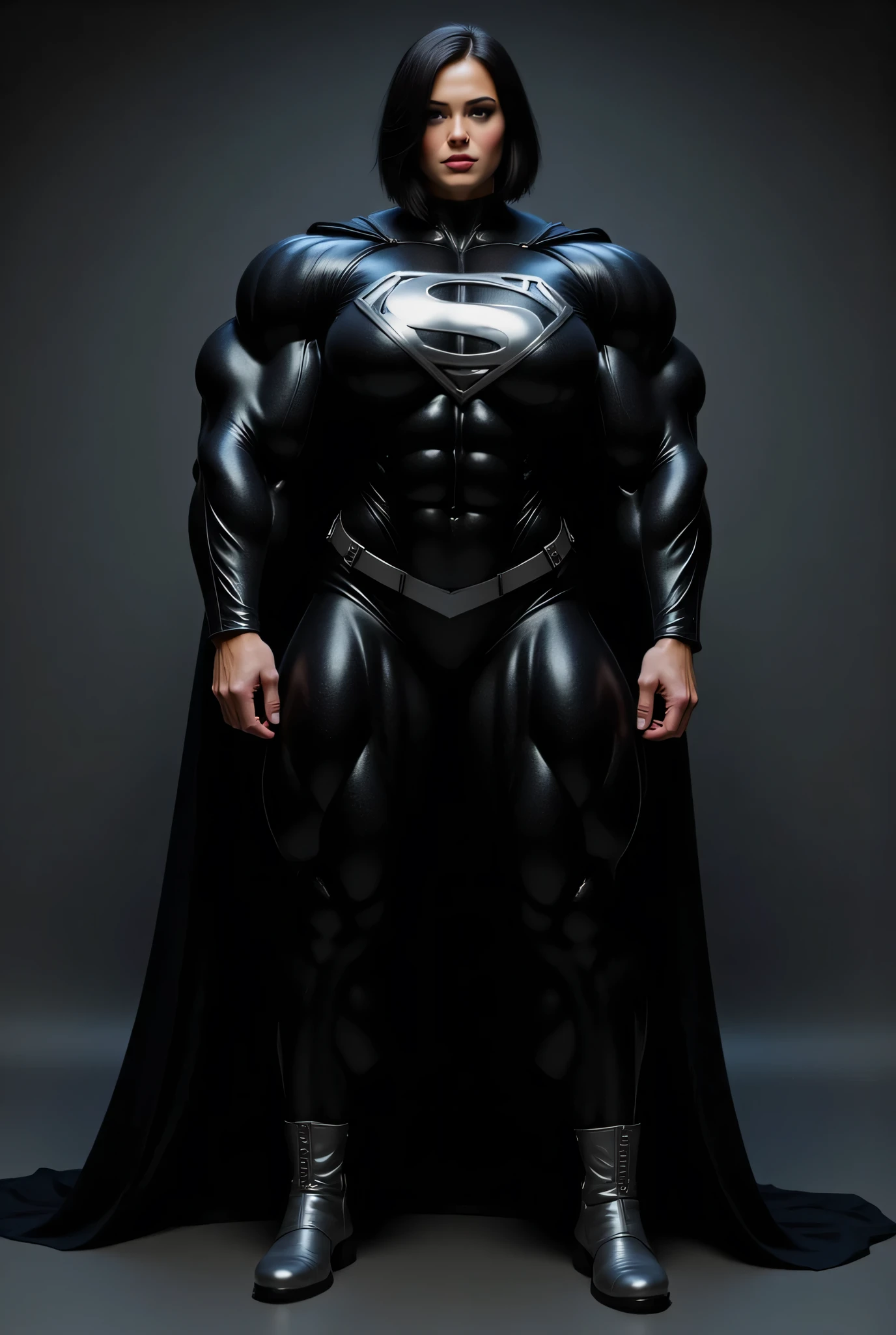 (((SHOWING OFF HER PERFECT HARD ASS)) SUPERGIRL TRYING-ON HER GLOSSY black SUPER SUIT FOR THE VERY FIRST TIME (((her super suit is stretched to its limits, by her gigantic bulging muscles))) she is a dark alley. she has black hair in a bob cut. in awe of her new look (((her muscles are massive, bulging and vascular))) a beautiful 22 year-old girl, Is now the Supergirl of her dreams. she is wearing a skintight glossy black zentai bodysuit. she has the iconic silver super s on her chest. shiny silver boots and black cape. She has found a small piece of pink kryptonite that is the size of a golf ball. The pink kryptonite gave her immense strength and power. It transforms her into a muscle-bound superheroine. The super transformation is complete. (((she now has the muscle-bound physique better than a professional heavyweight bodybuilder))) (((her arms are normal length. they are extremely muscular. her hands are normal size)))