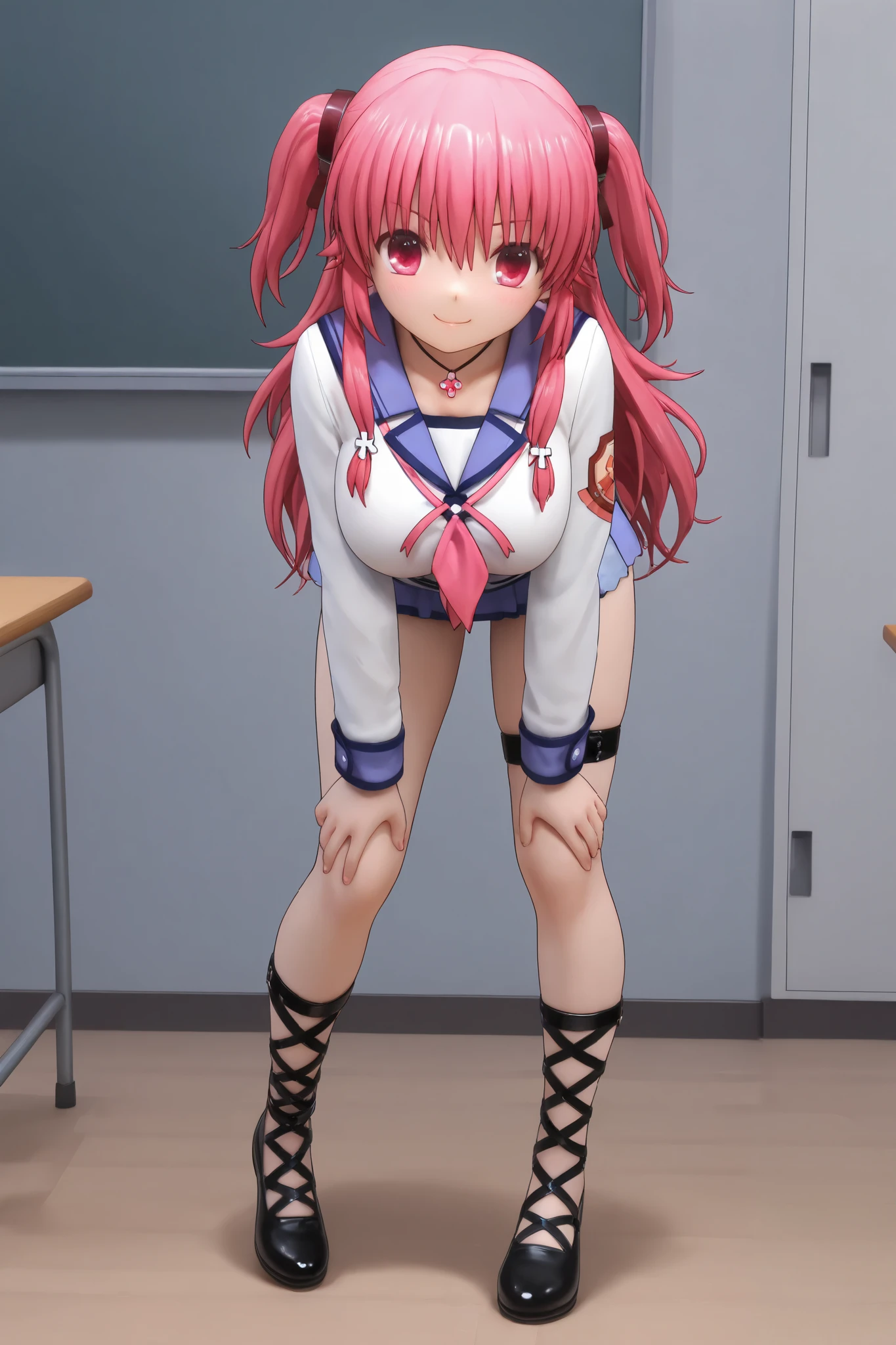 A Female mature robot loves herself. she wears nothing. Her Brown very short pigtails is tied with two big red clothespins, mature, android, blue eyes, full body, Height: 160cm, flushed cheeks, sweat bucket. full body shot, looking straight. Her smile is complete.show White pantie, Looking at the audience, 着ぐるみ