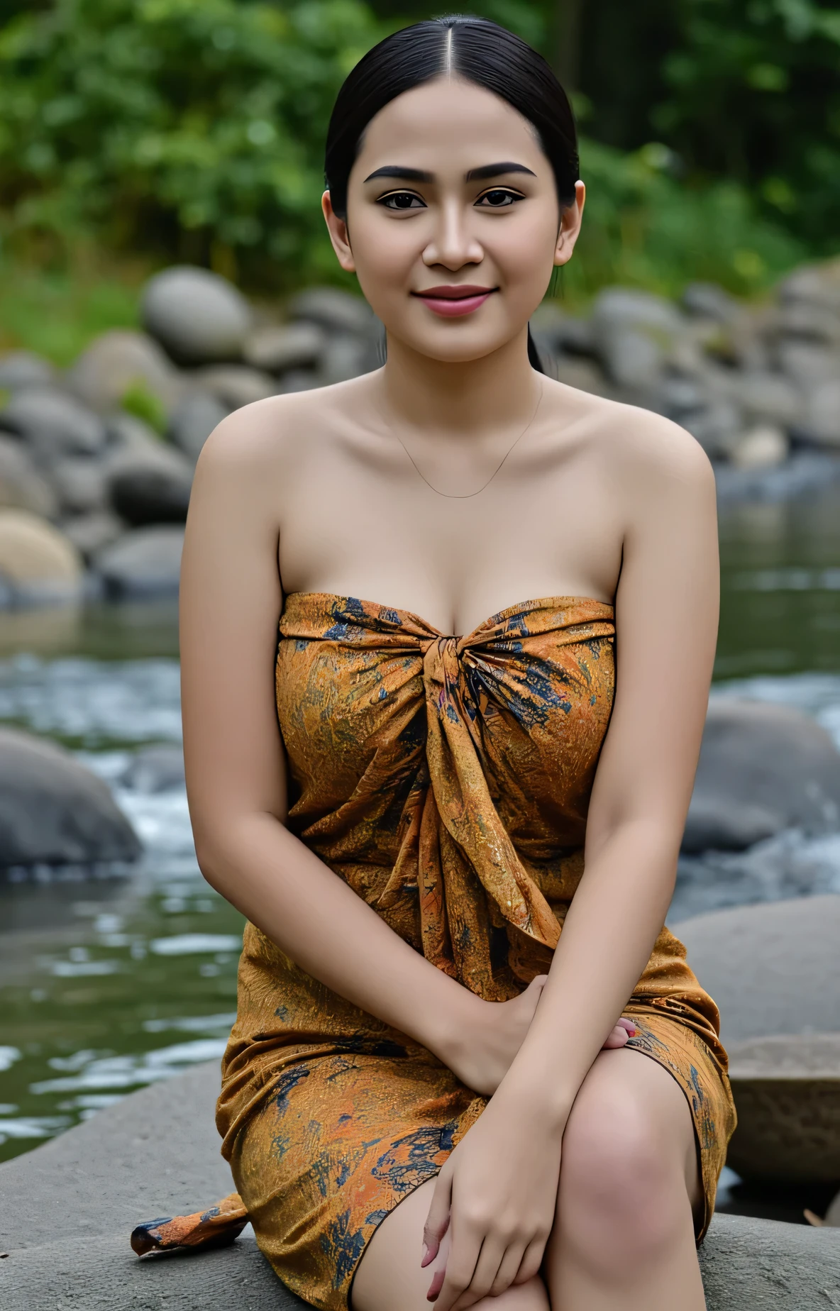 (Masterpiece: 1.2, Best High Quality), Realistic, (Realistic Picture, Complex Details, Depth of Field), Best Quality, Masterpiece, Highly Detailed, Realistic, DSLR lighting, Soft lighting, Cinematic lighting, smooth sharp focus, HD PICTURE, perfect image color, 1 old mature woman, indonesian old mature, 38 years old, forward chest, huge breasts, thin lips, beautiful and seductive, slim body, wearing sarong dress, full body view, look at camera, photo full body, rural background, Two braid hair, seductive thin smile, sitting on a rock by the river, ultra detailed body wet with water, pose of hand holding a ladle, sweet black skin color,