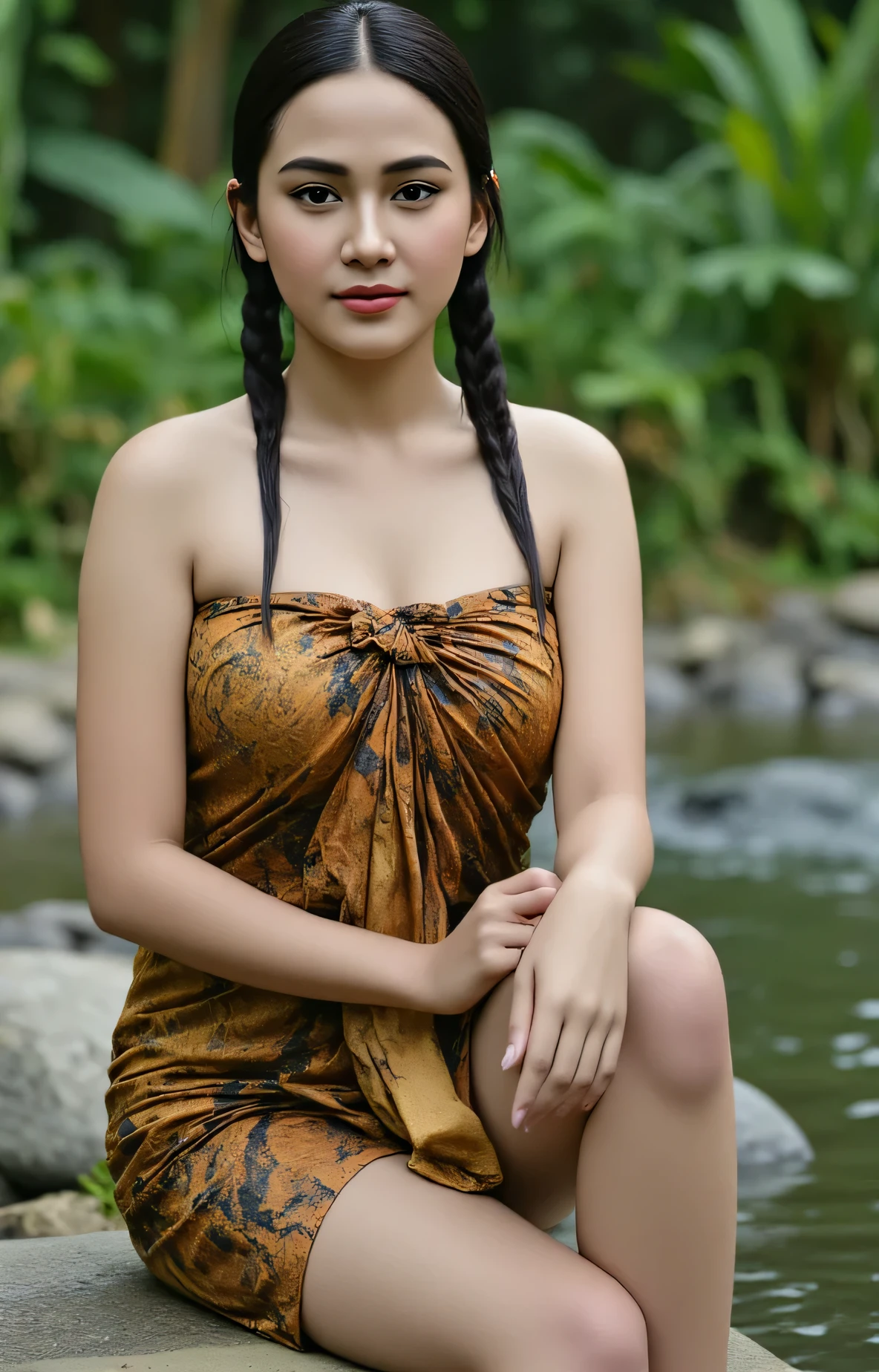 (Masterpiece: 1.2, Best High Quality), Realistic, (Realistic Picture, Complex Details, Depth of Field), Best Quality, Masterpiece, Highly Detailed, Realistic, DSLR lighting, Soft lighting, Cinematic lighting, smooth sharp focus, HD PICTURE, perfect image color, 1 old mature woman, indonesian old mature, 38 years old, forward chest, huge breasts, thin lips, beautiful and seductive, slim body, wearing sarong dress, full body view, look at camera, photo full body, rural background, Two braid hair, seductive thin smile, sitting on a rock by the river, ultra detailed body wet with water, pose of hand holding a ladle, sweet black skin color,