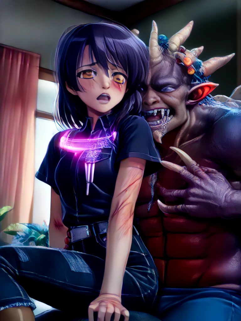 japanese demon is fighting a beautiful girl,18yo, pink short hair, blue eyes,Conceptual art, best photo shot, glowing light, realistic, UHD, textured skin, masterpiece, anatomically correct, best quality, 8k, full body,