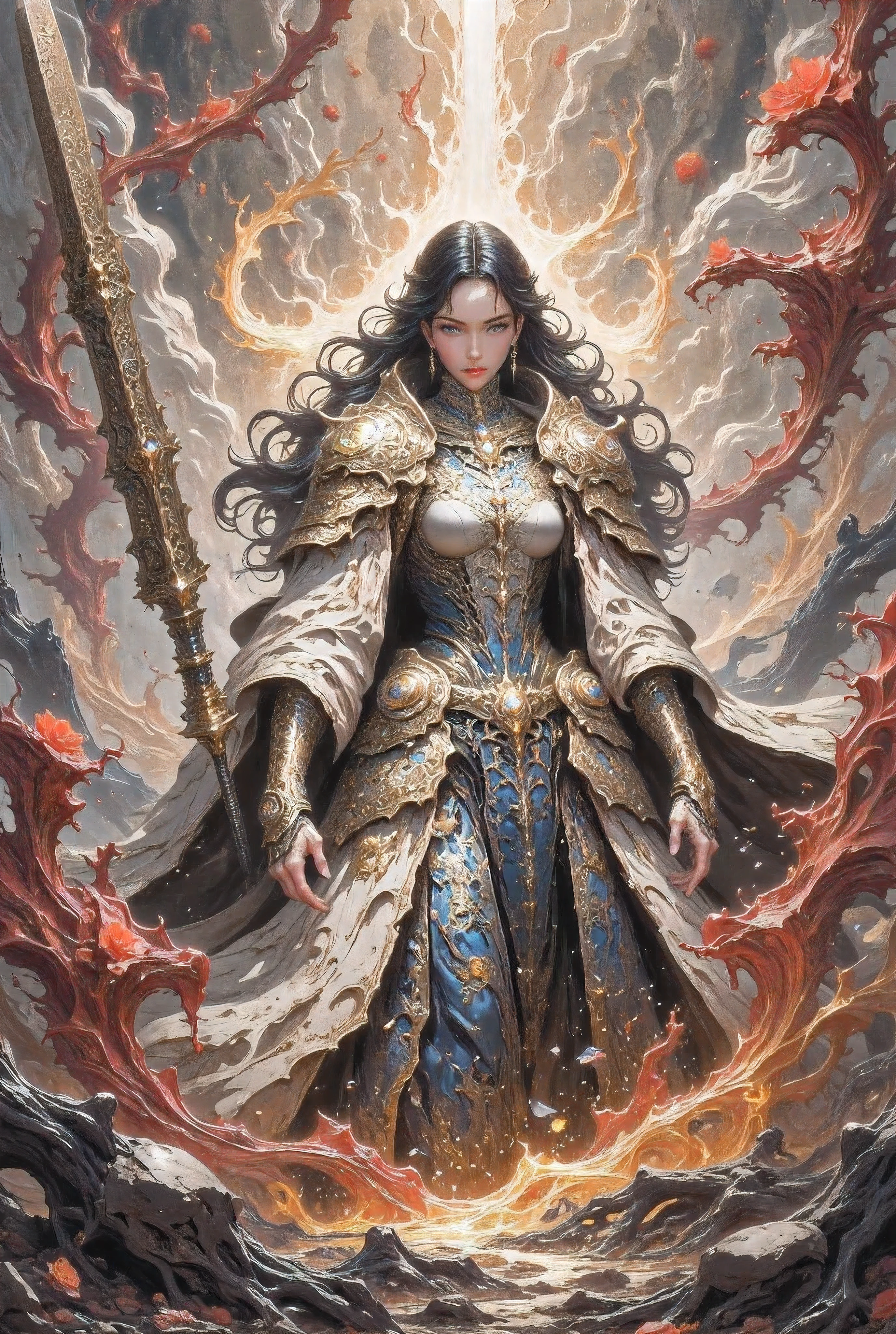  MaleniaNorm's intense and thrilling scene , Legendary female warrior,  maximizing realistic rendering . covered in an elegant fish scale pattern, she stood confidently ,Peerless Beauty， . Her perfect figure wore finely carved gold and dark blue armor, A perfectly shaped woman with a，(((shows cleavage， exposes abdomen，on the thigh showing the thigh)))，Long dark brown hair fluttering，Firm eyes. In her right hand,  ，Waving a huge ,  A samurai sword engraved with runes ,  The background is a battlefield full of war .  The scarlet flowers spin around her ,  floats in the air like ghostly petals ,  add an unforgettable sense of beauty to the scene .  The background is a battlefield full of war ,  shrouded in blood-red flowers and a mist of fiery embers ,  with fallen warriors scattered around .  The atmosphere is full of fear and elegance , captured Malenia's deadly grace and the indomitable strength of one of her most powerful enemies. ( Ultra HD QUALITY AND RENDERING :3),  Maximizing image detail ,  realistic side lighting , ((( Surrealist style))),  realistic soft lighting , , 8k HD,  She is holding an iconic prosthetic , (Stunning special effects:3.5)