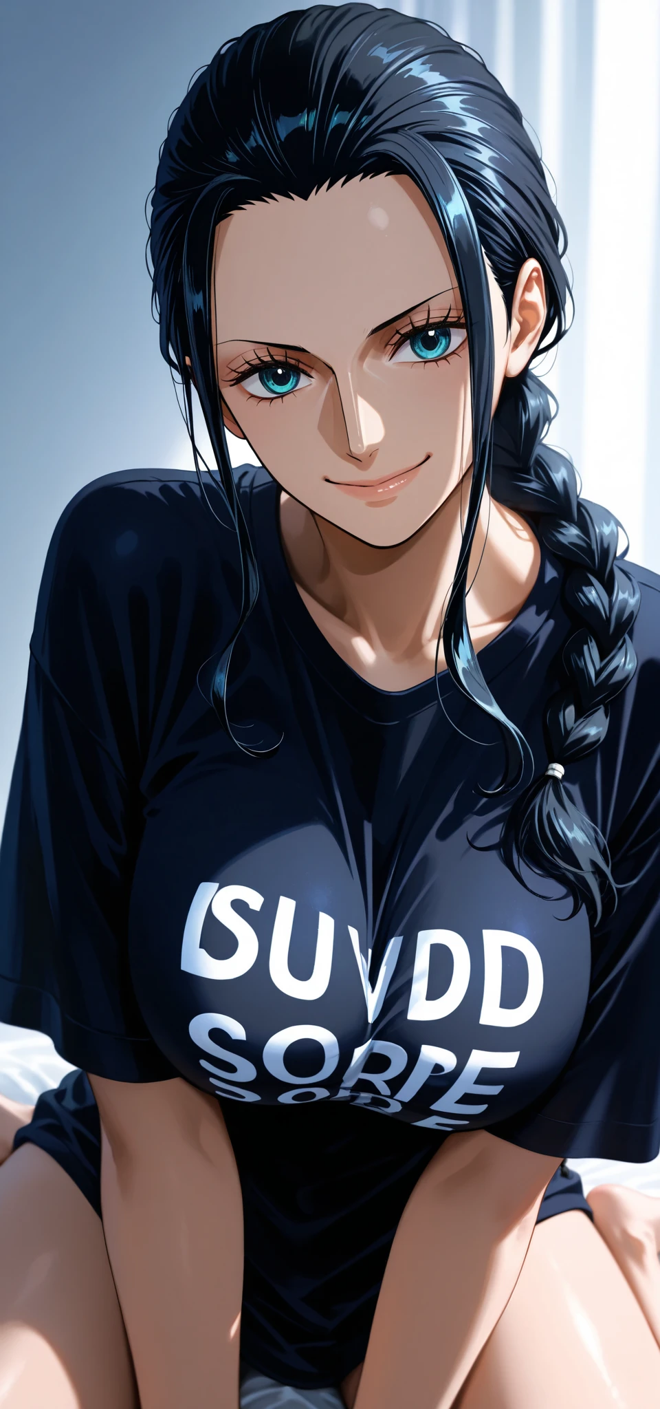 masterpiece, high score, great score, absurdres, close-up potrait, upper body, beautiful woman, Nico Robin, one piece, black hair, long hair, hair slicked back, single braid, beautiful blue eyes, looking at viewer, smile, :), oversized black t-shirt, simple background, vivid colors, volumetric lighting, soft lighting, wariza, w sitting, front view