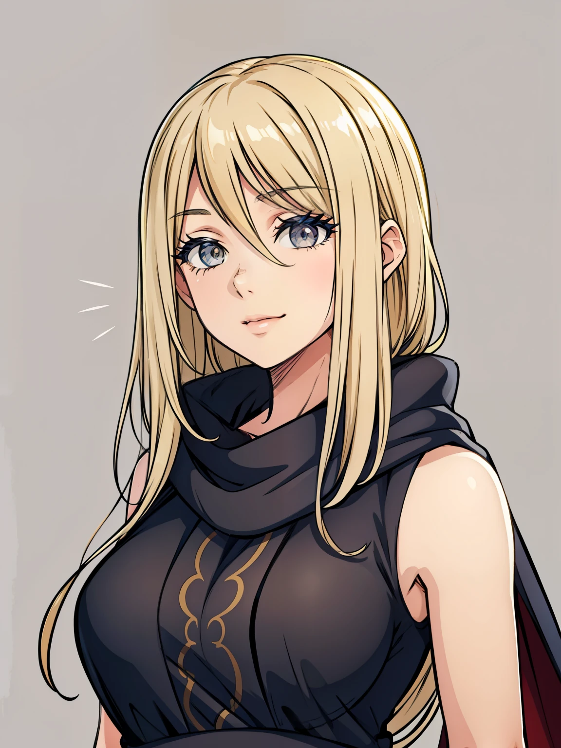 (high-quality, breathtaking),(expressive eyes, perfect face) 1girl, female, solo, blonde hair, long hair length, brown eyes, cute smile, positive expresion, grey background, portrait, symmetrical eyes, adult, busty, tall, cloak, dress, sleeveless, MAIN_QueenMarika_ownwaifu, upper body, queen vibe, mature, elegent, stylized hairstyle, kuroimori