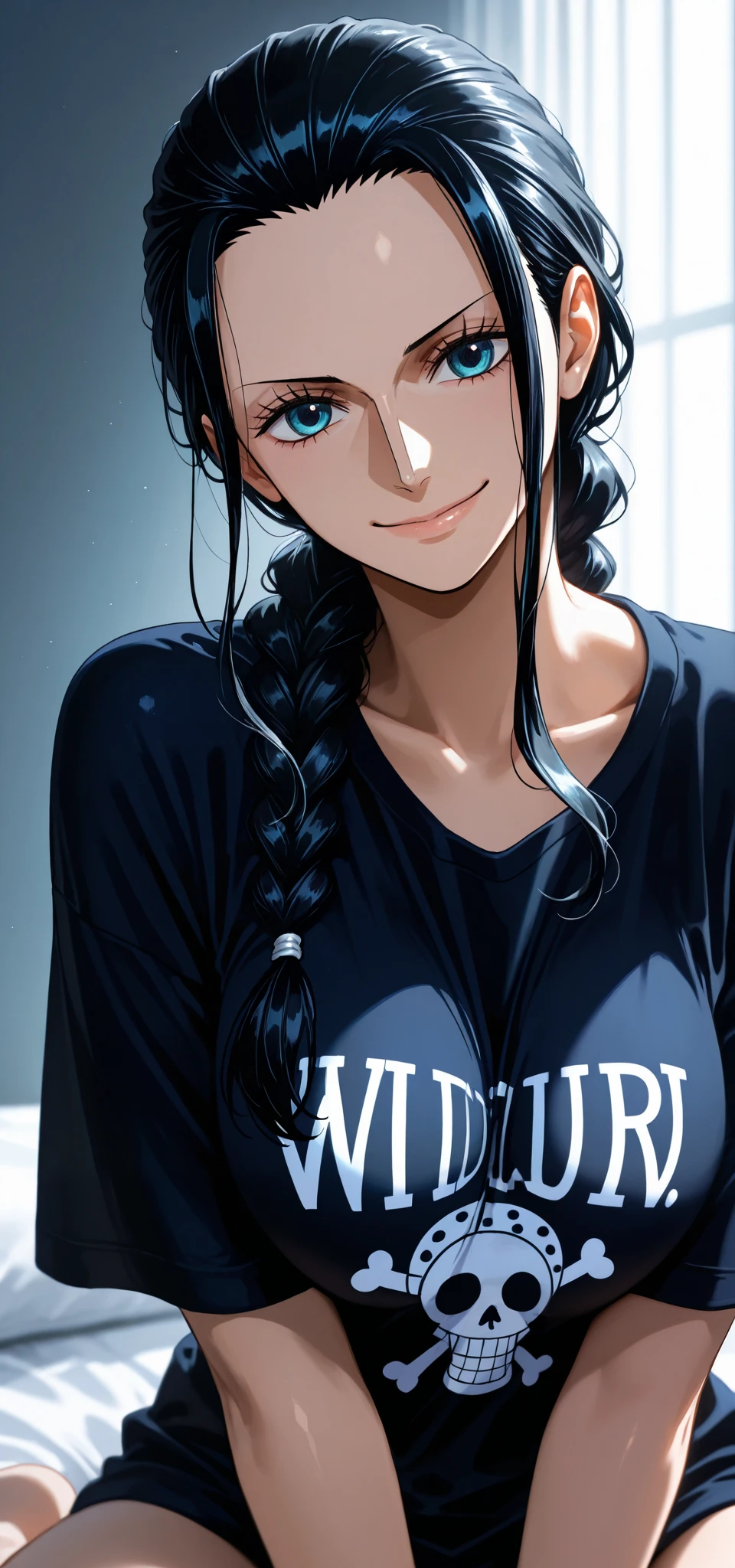 masterpiece, high score, great score, absurdres, close-up potrait, upper body, beautiful woman, Nico Robin, one piece, black hair, long hair, hair slicked back, single braid, beautiful blue eyes, looking at viewer, smile, :), oversized black t-shirt, simple background, vivid colors, volumetric lighting, soft lighting, wariza, w sitting, front view