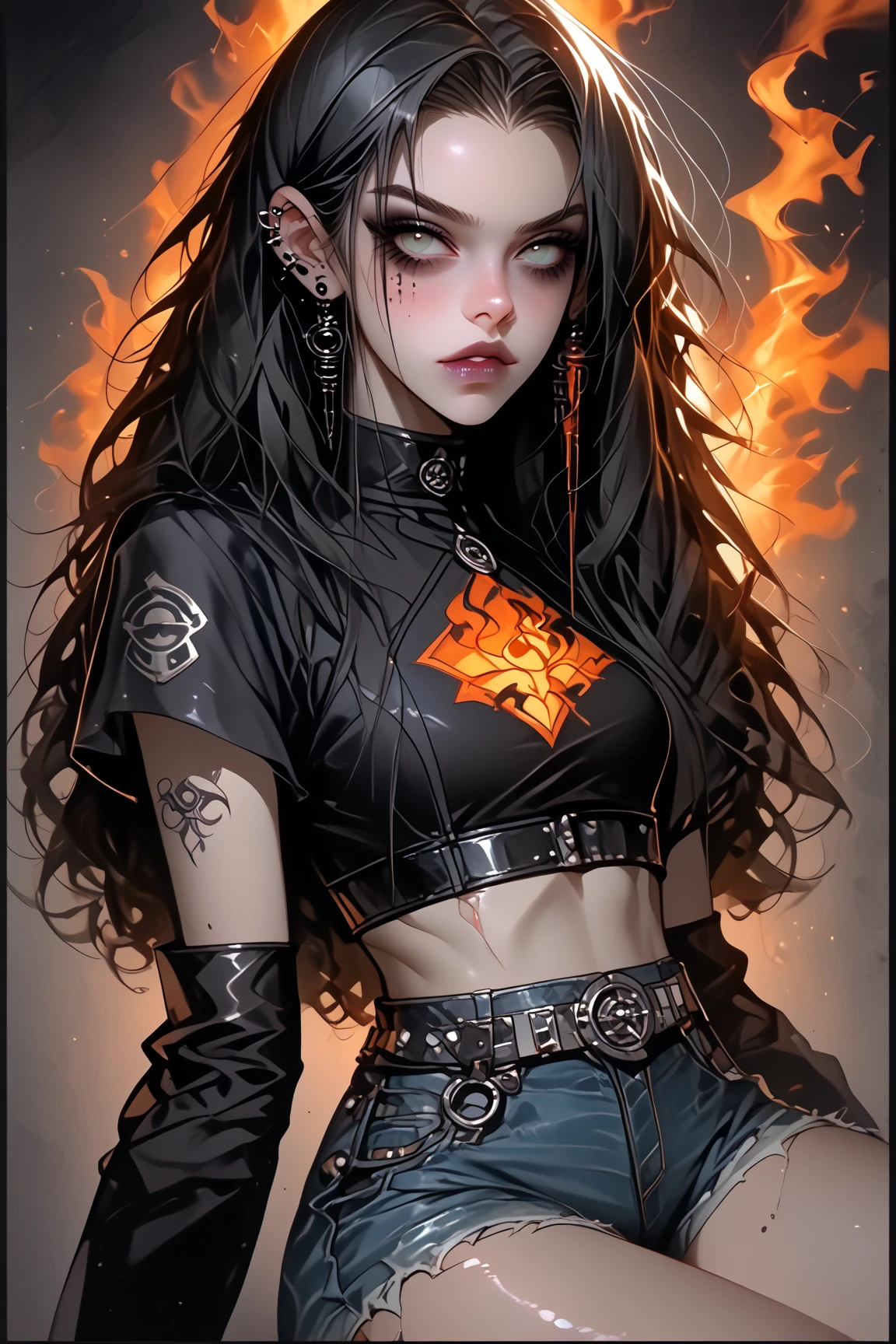 1 adult female demon with gray skin with very thin fiery horns protruding from the front of her forehead, ((fire hair)) ((with baggy clothes style oriental rpg world)) (perfect human eyes) work of art, best qualityer, (full viwer), bottom clean.
